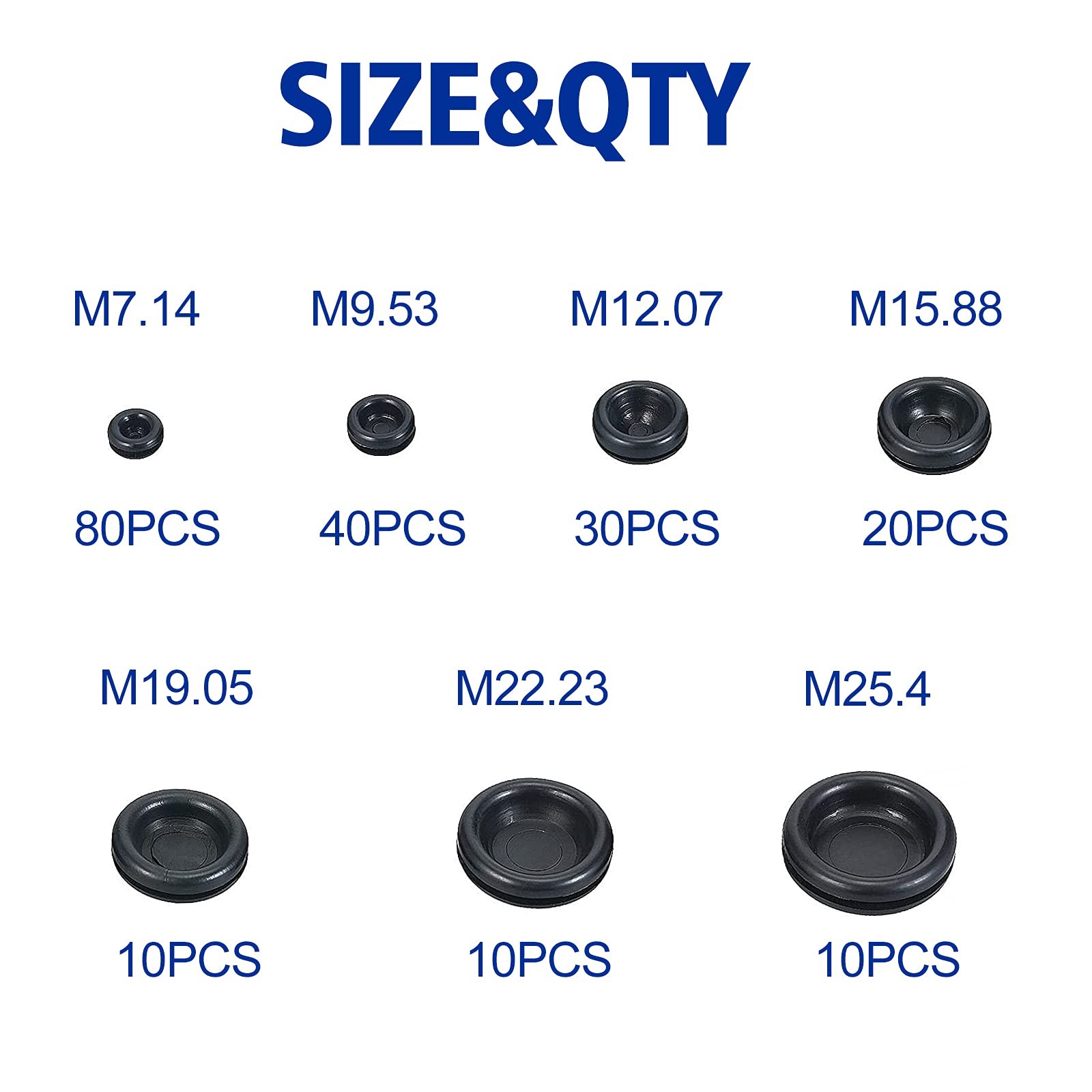 200 PCS 7 Sizes Rubber Grommet 200PCS Closed Kit, Black