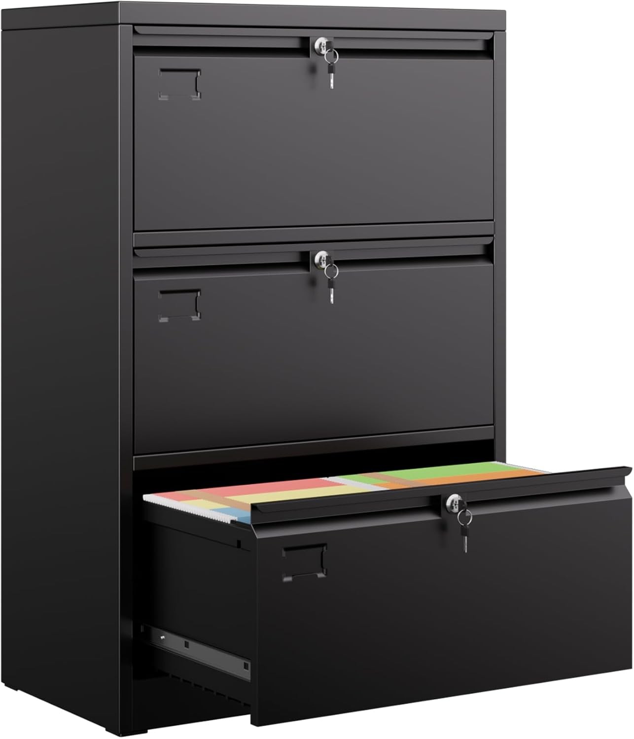 3 Drawer Lateral File Cabinet, Metal Wide Filing Cabinet With Independent Locks