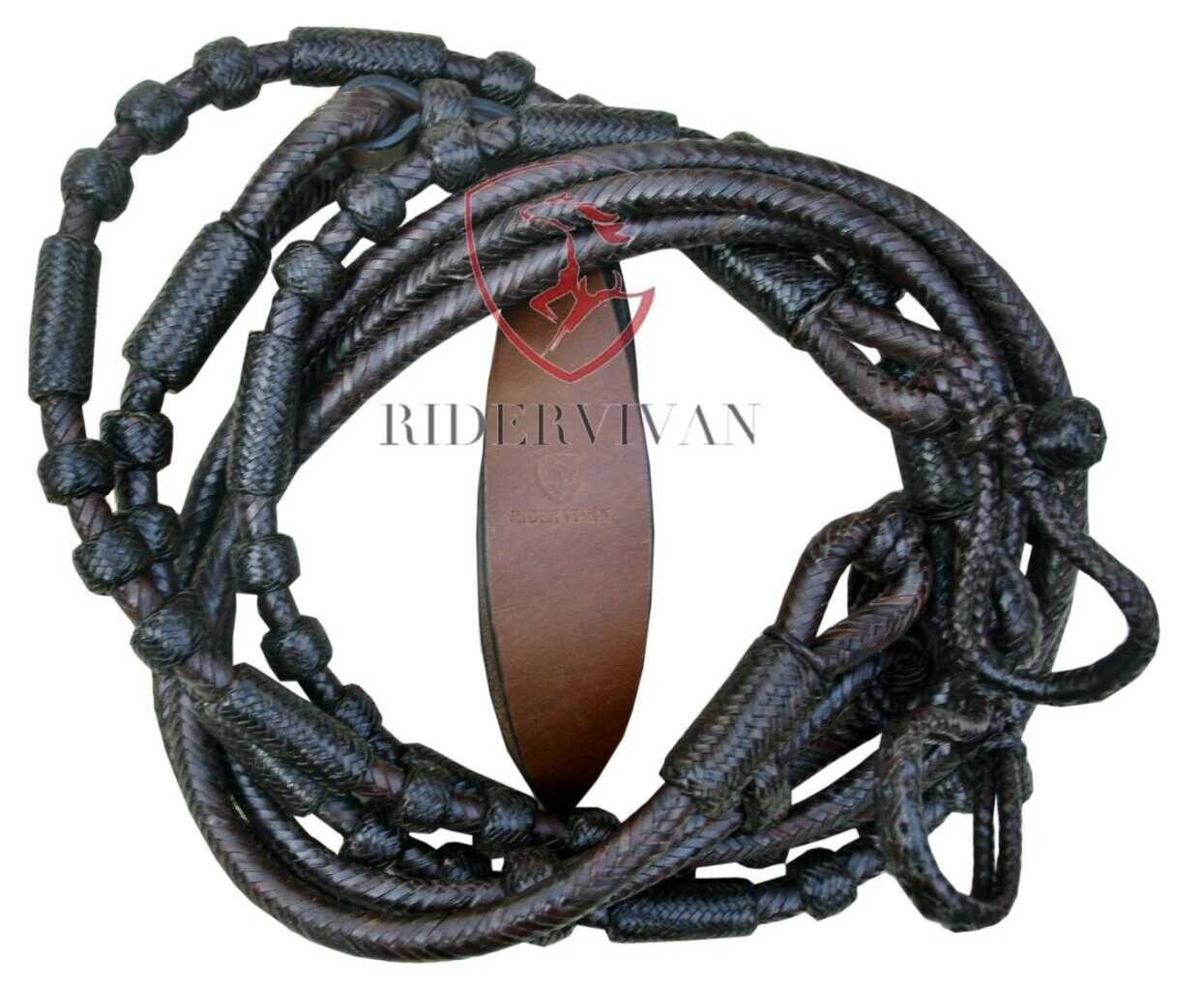20 Plaits Romal Reins, High Quality Rommel Reins, 48" Reins Dark Brown Rawhide.