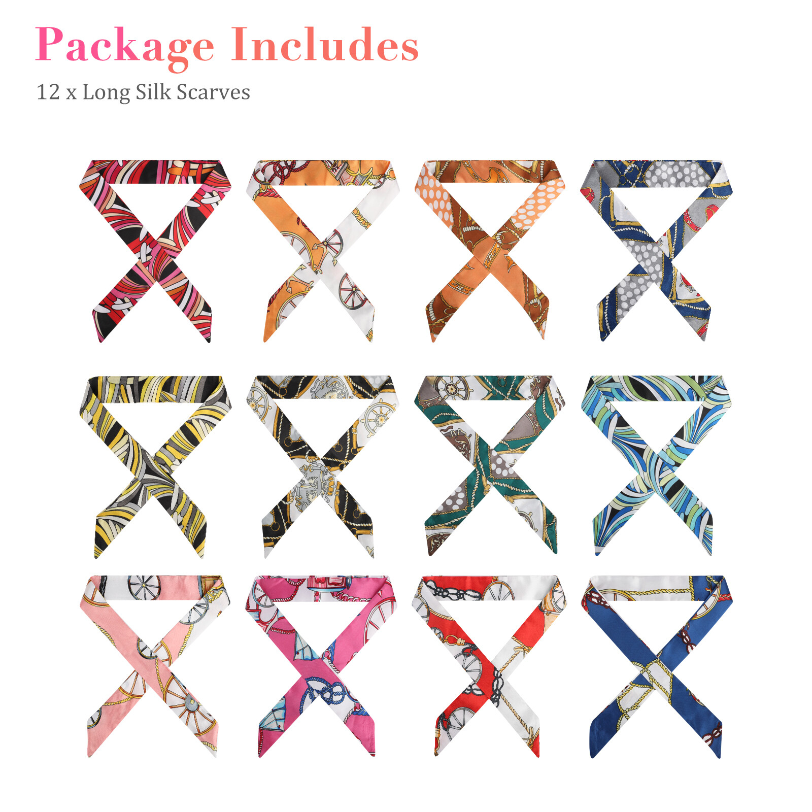 12pcs Women Satin Silk Scarf Scarves Wrap Tied Bag Handle Neck Hair Long Ribbon