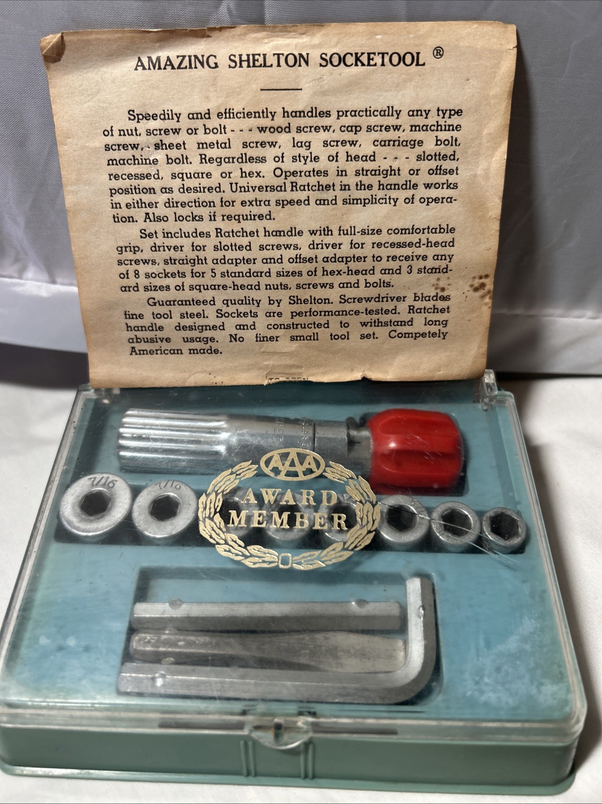 1960’s AAA Award  Member Amazing Shelton Socketool Socket Tool Case Instructions