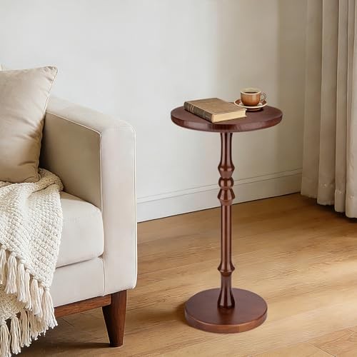 Round Side Table for Small Spaces, Drink Table with Oak Wood Pedestal Brown