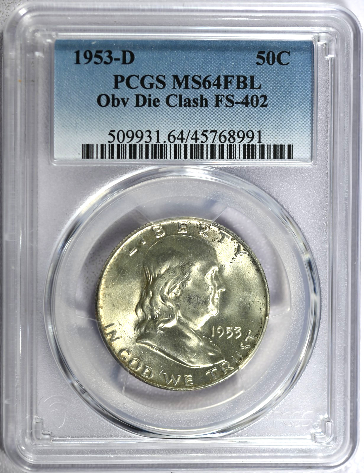 1953-D PCGS MS64FBL Obv Die Clash FS-402-Nose Franklin Half Dollar