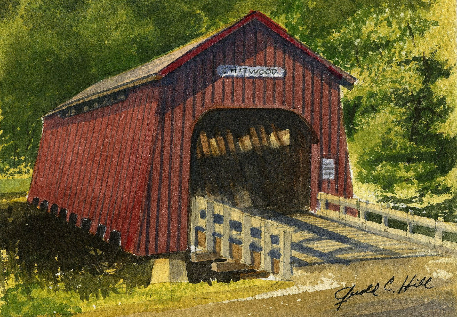 Chitwood Covered Bridge, Yaquina River, Oregon. Gerald Hill watercolor notecards