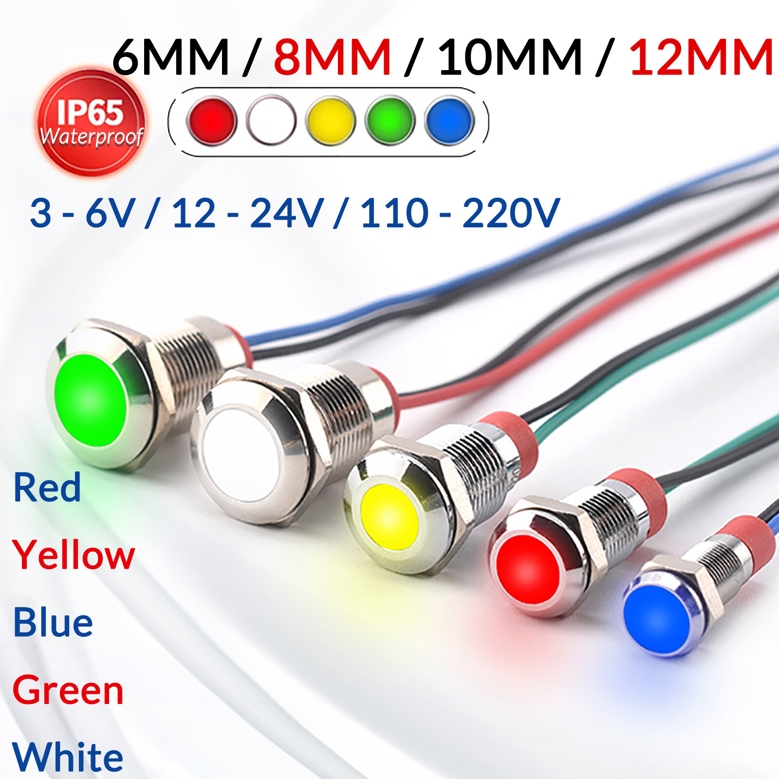 Round LED Waterproof 6mm 8mm 10mm 12mm  3V 5V 12V 24V 220V Red,White,Blue,Yellow