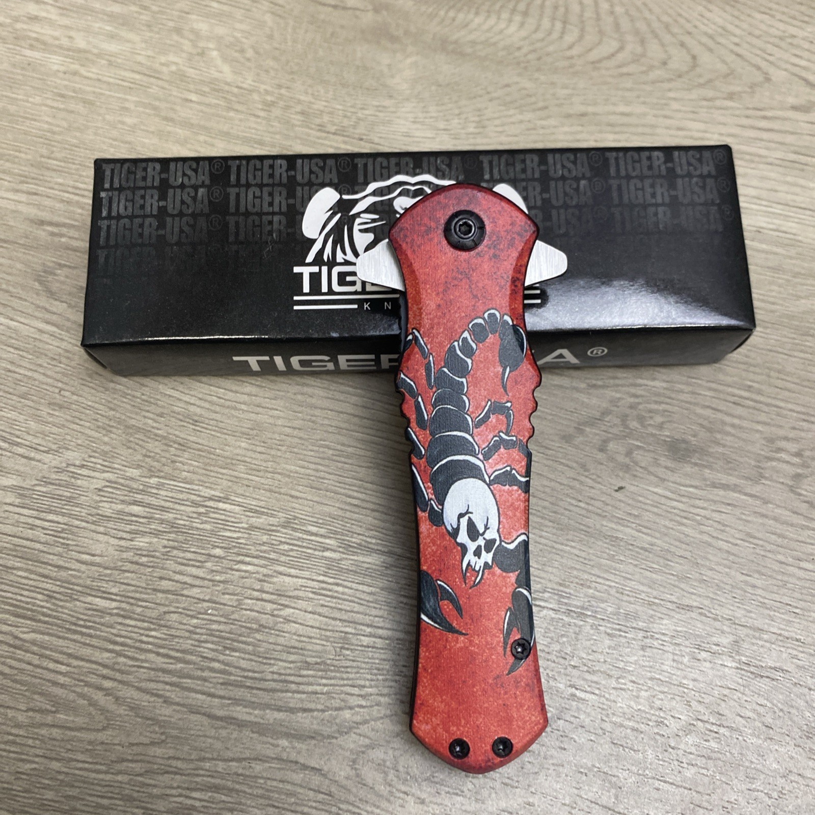 Tiger-USA Knives SJ-1013-H  Folding Double Sided Knife Red Scorpion Skull
