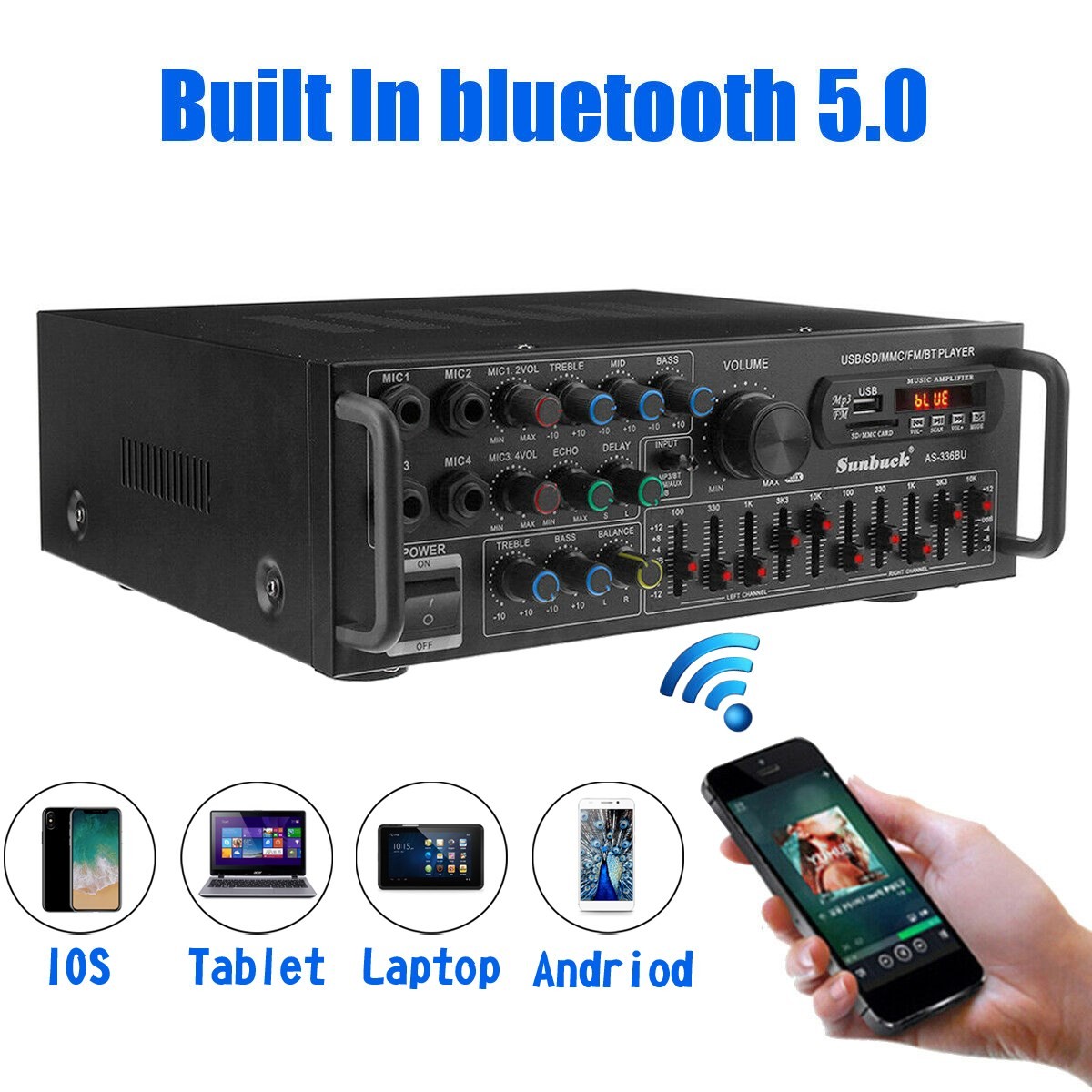 Sunbuck 2000W Power Amplifier 2-CH Bluetooth 5.0 Stereo FM USB EQ AUX w/ Remote