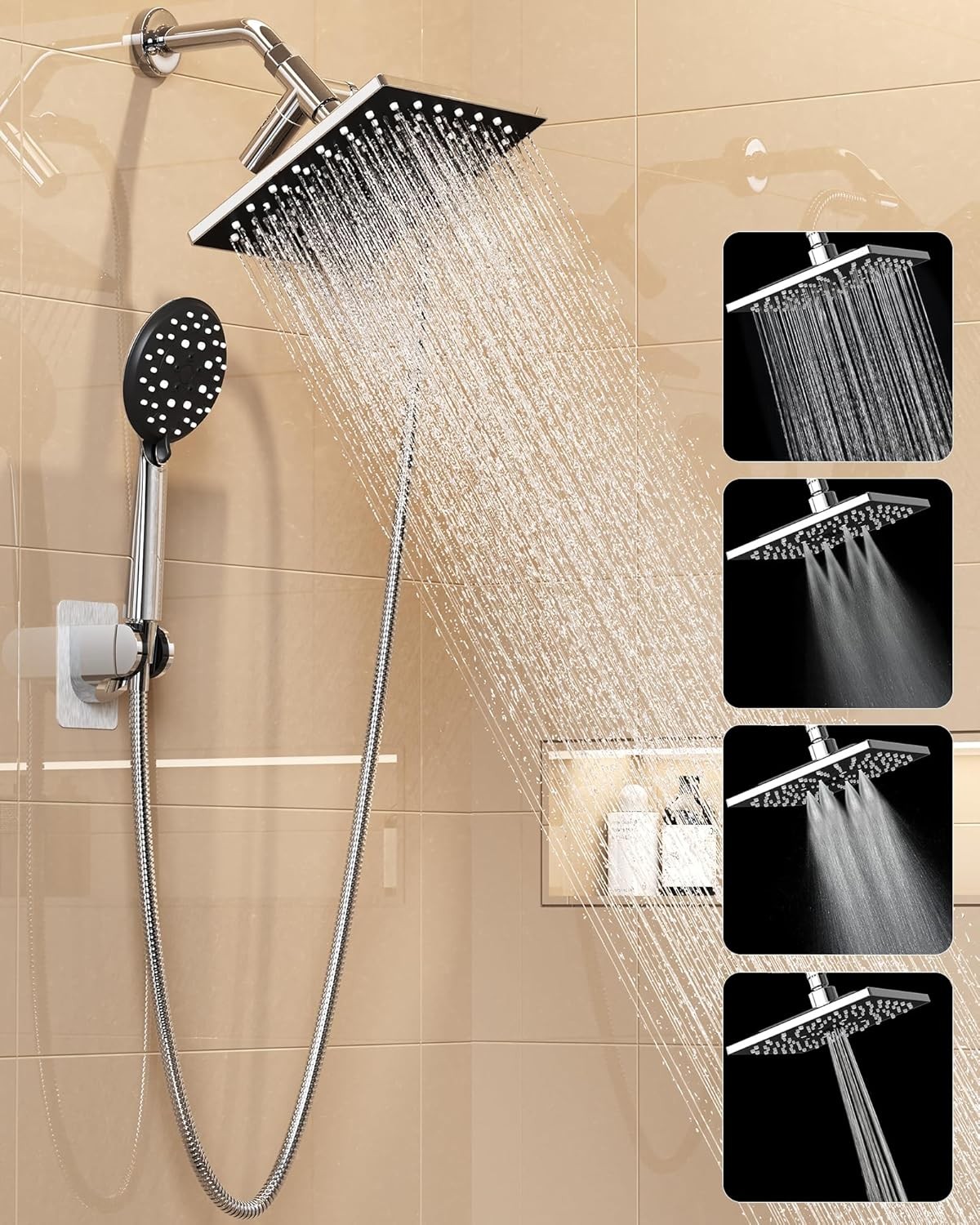 Veken High Pressure Rain Shower Head with Handheld Square Rainfall Head Set