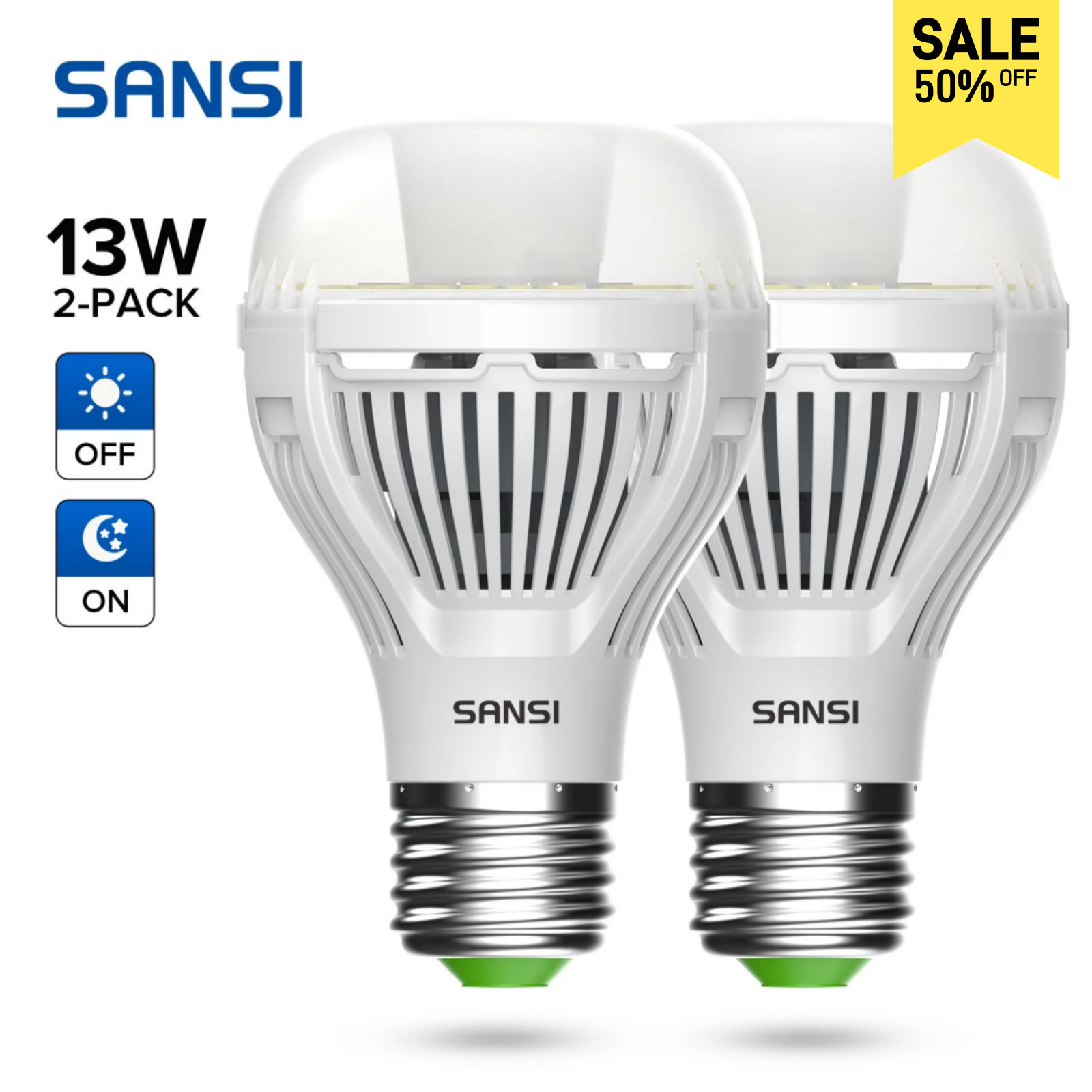 2pcs A19 LED Light Bulbs Dusk-to-Dawn Auto On/Off 13W=100W 1300LM Lamp Daylight