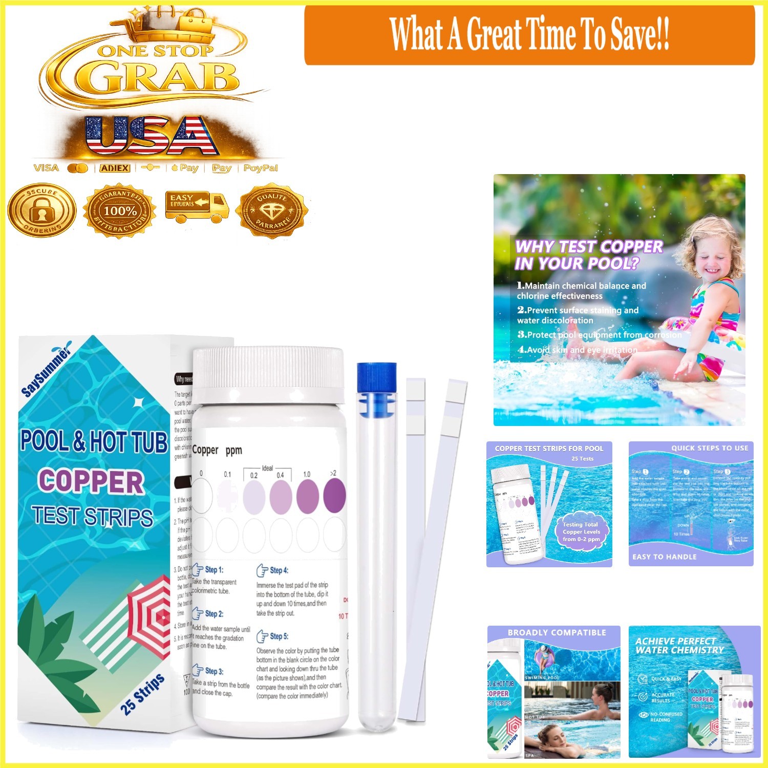 Pool Copper  Strips 25 Count Pool Water Testing Kit 0-2 ppm
