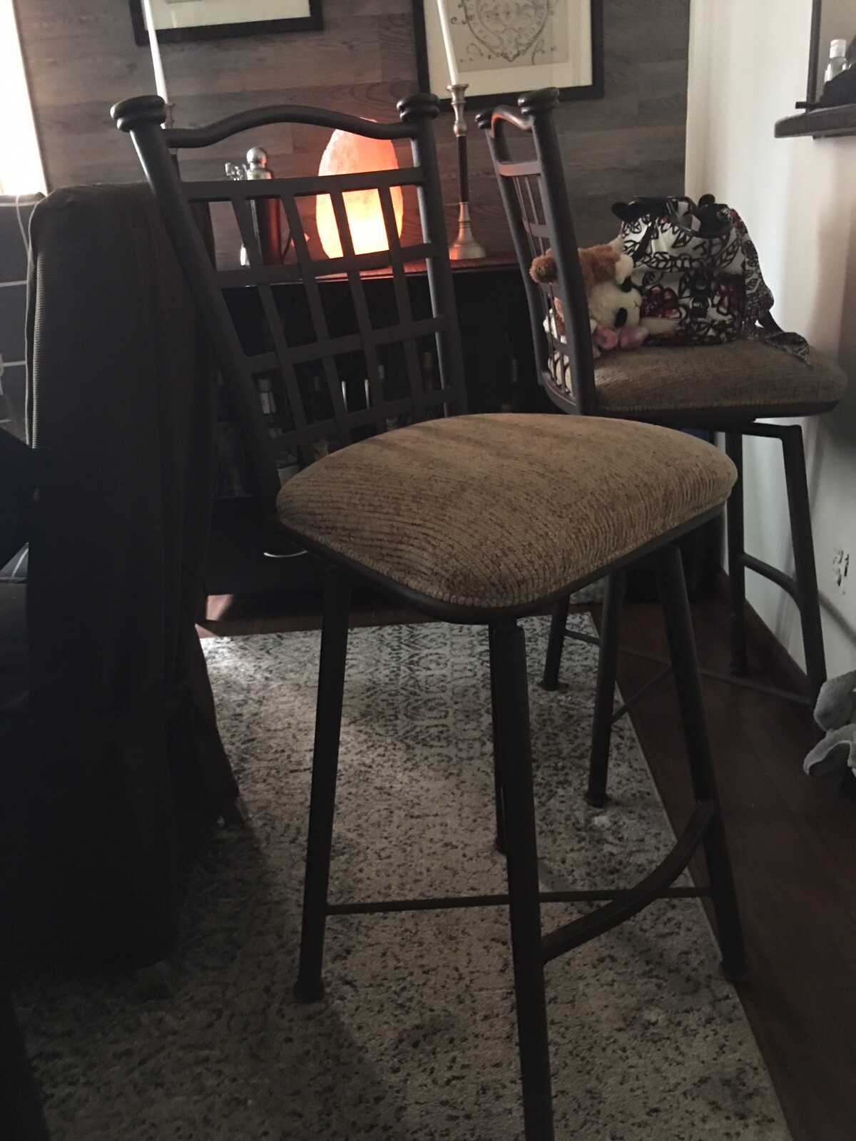 bar stools    Swivel.  From Floor To CoushSeat 28”.    45” High.   Polyurethane