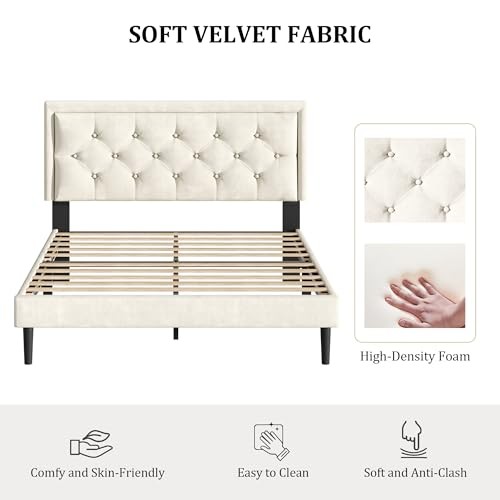 Size Platform Bed Frame with Upholstered Velvet Button Tufted Full Beige