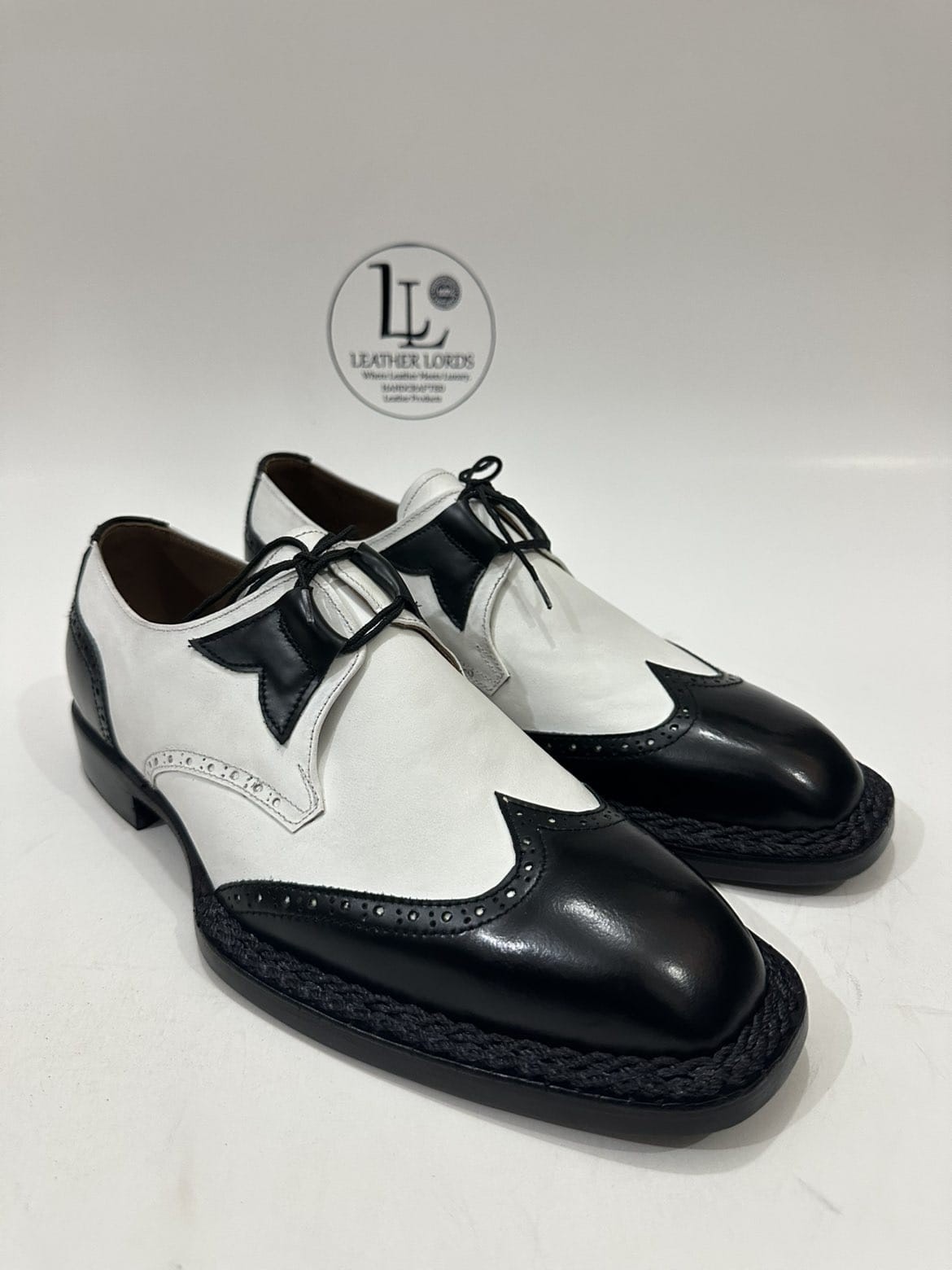 Men's Leather Dress Shoes Two Tone Black White Dress Shoes Norwegian Welt Shoes