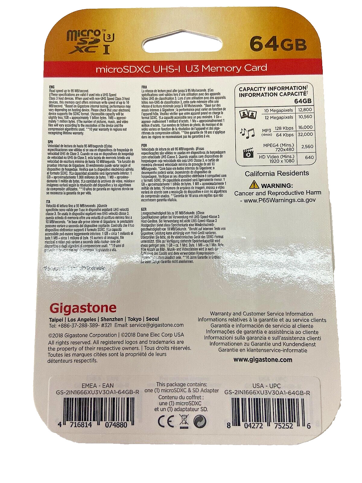 Gigastone microSDXC UHS-I U3 Memory Card & SD Adapter - 64GB