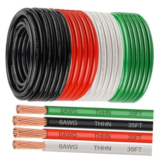 6 Gauge THHN Wire Kit 35 FT – 6 AWG Black, Red, White & 8 AWG 35FT 6AWG+8AWG