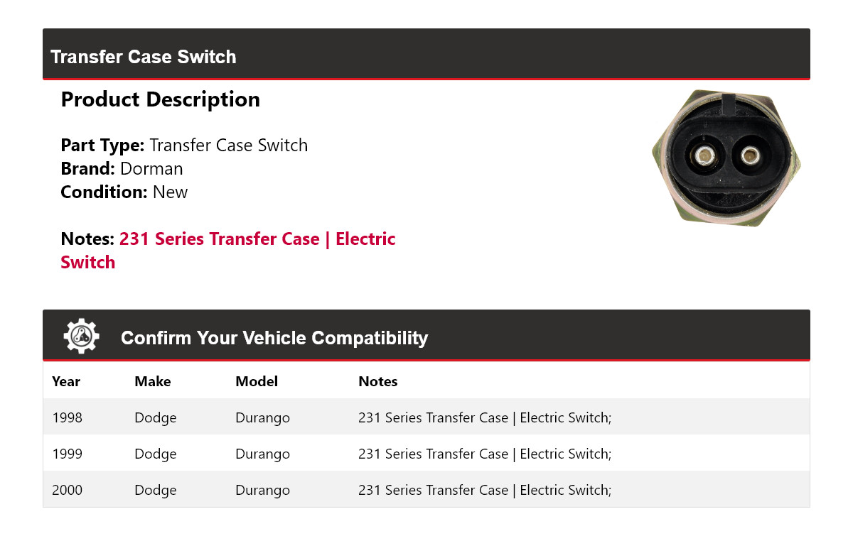 For 1998-2000 Dodge Durango Dorman Transfer Case Switch 1999