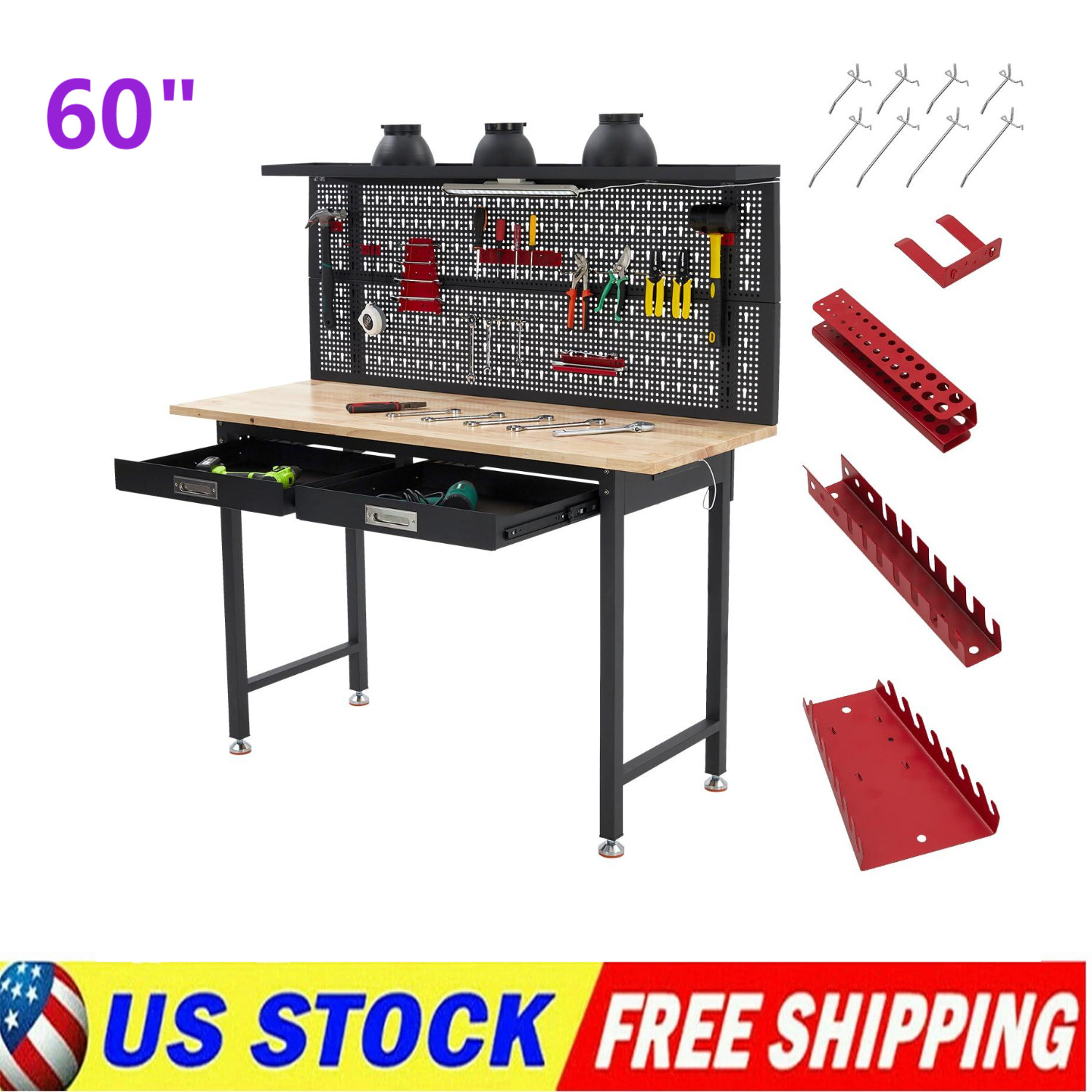 60" Heavy Duty Workbench w/Storage Drawers & Pegboard, 2000Lbs Garage Work Bench