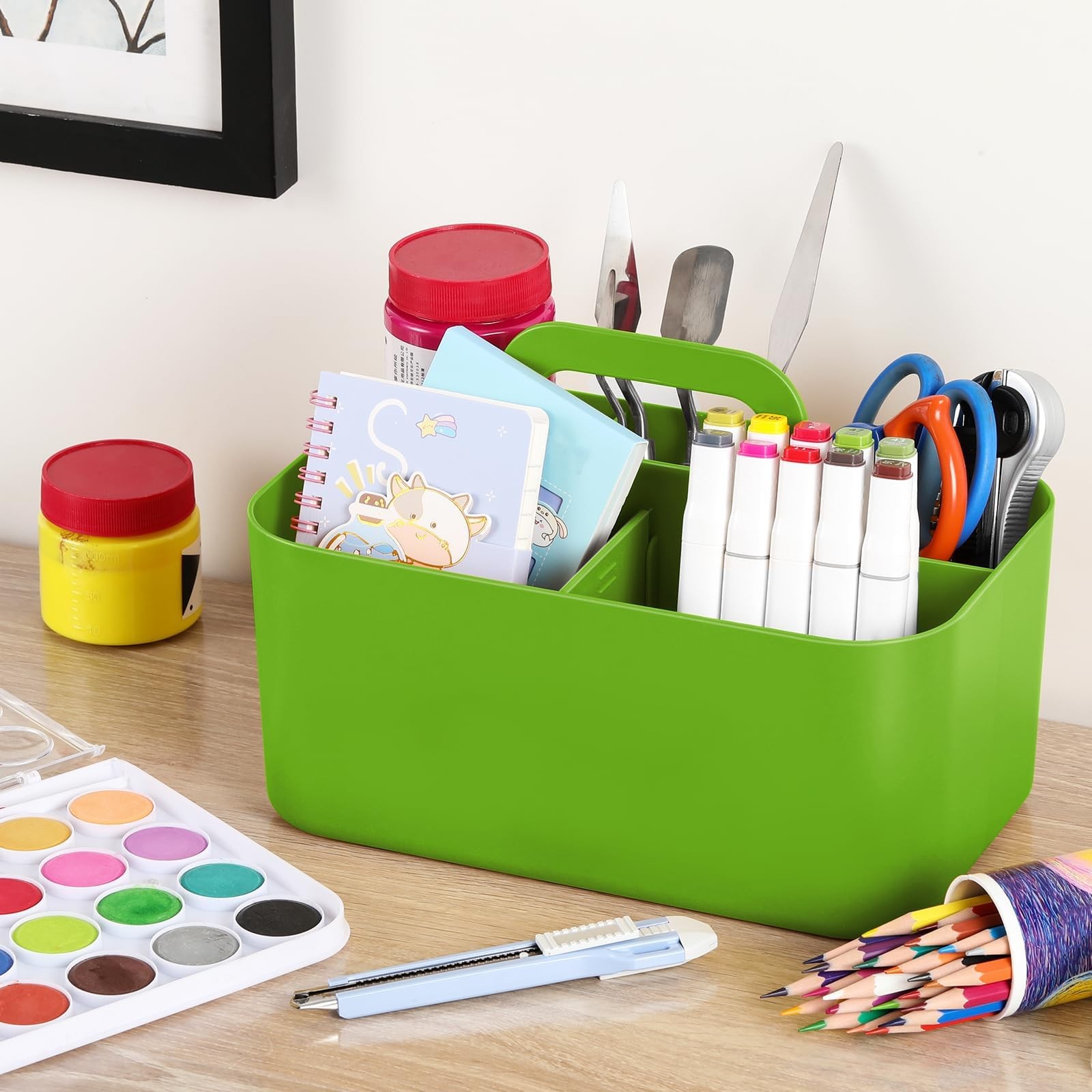 Multiuse Caddy Organizer with Handle, Portable Divided Plastic Tote Bin Green