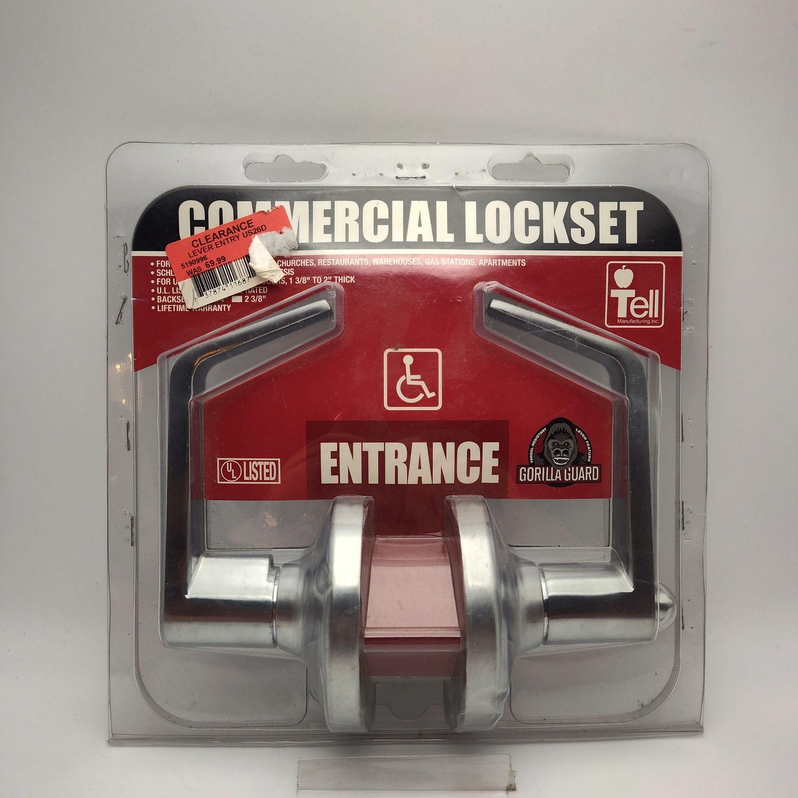 Tell Commercial Lockset Entrance Lever LC2481 ADA Gorilla Guard Satin Silver