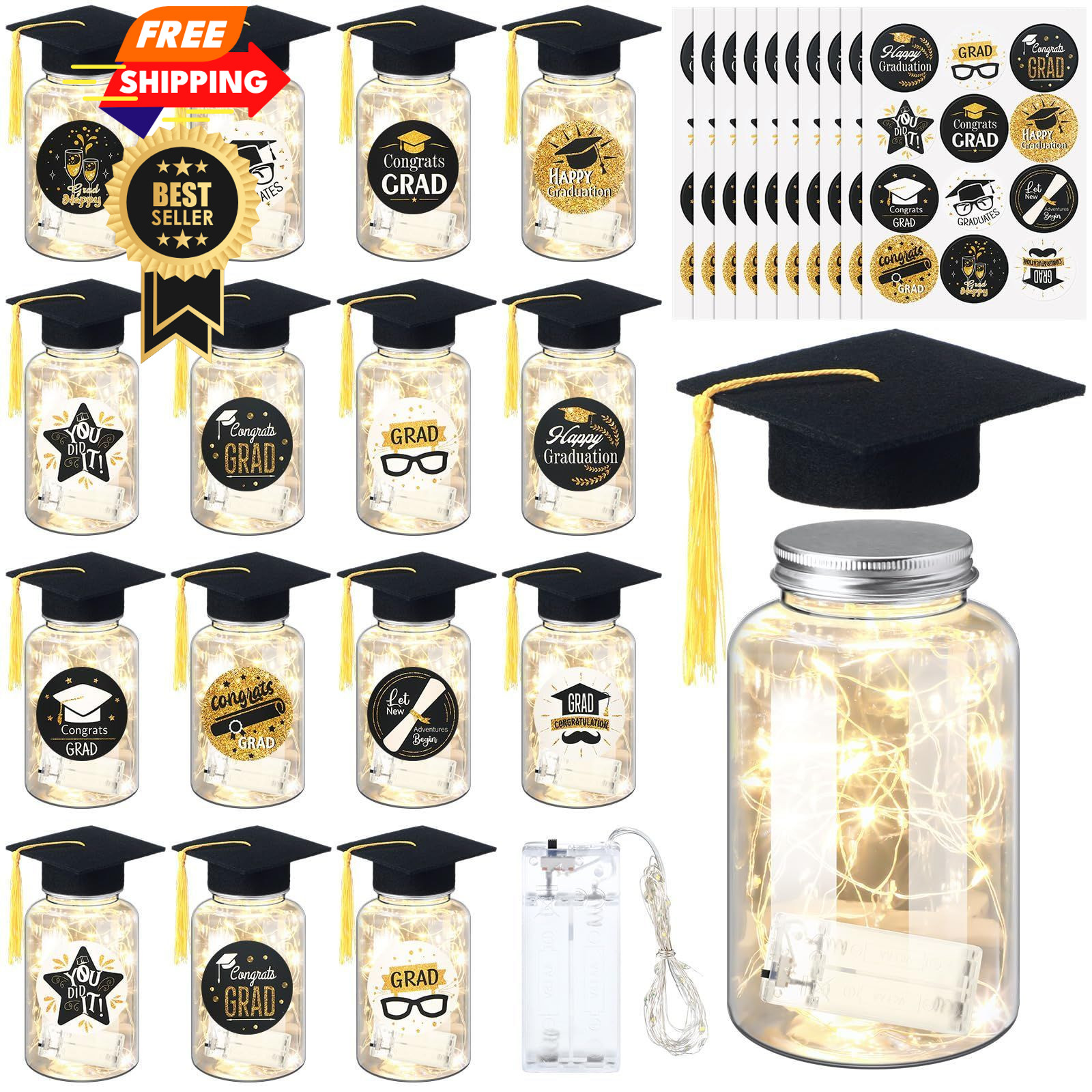 Boao 16 Sets Graduation Table Decoration Set with LED Light up Black