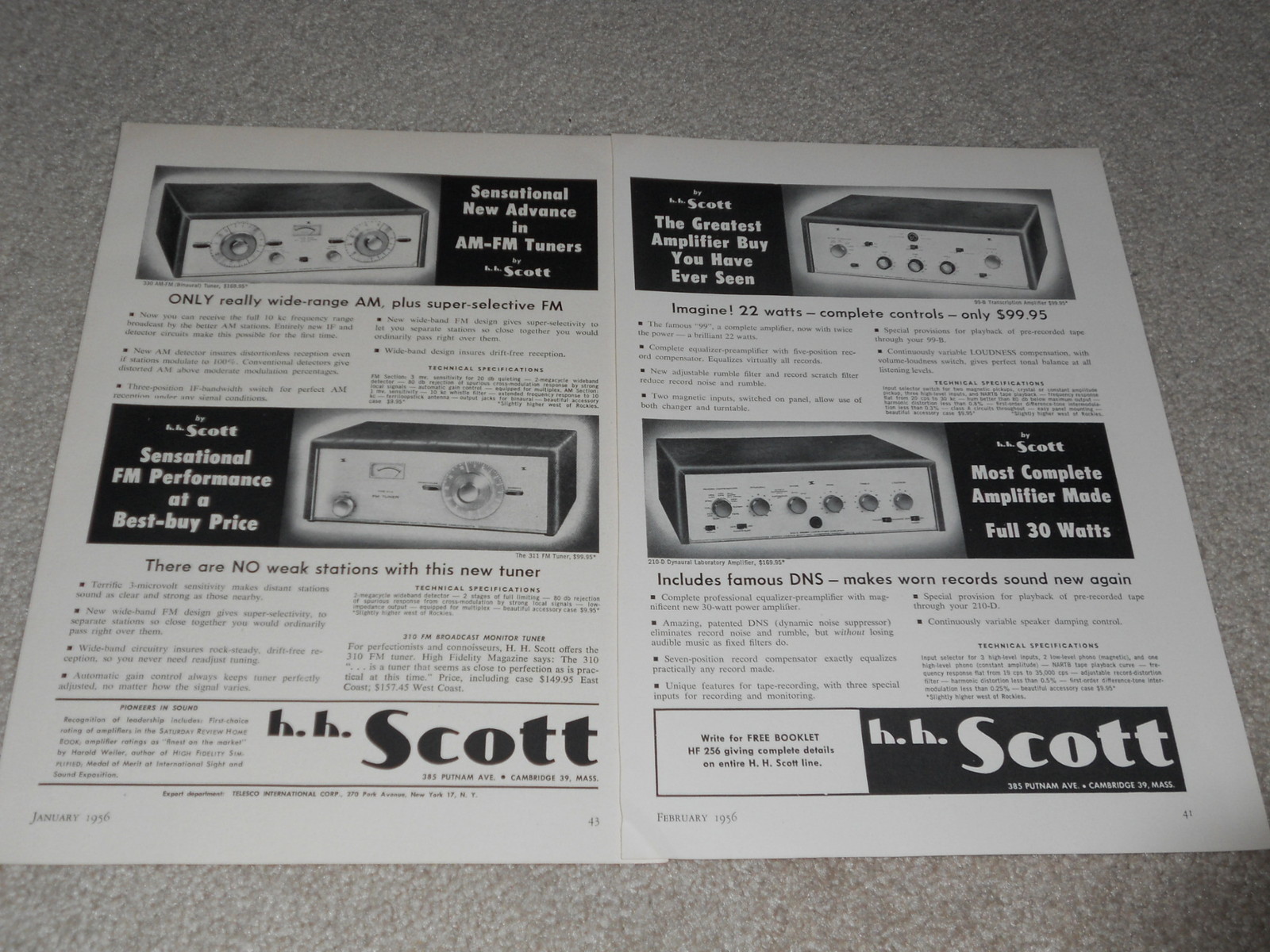 Scott 1956 Tube 330,311 Tuner, 210-D, 99-B Amplifier Ad, 2 pg, Specs, Original