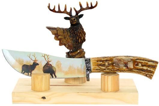 Deer Collector Stag Hunting Knife with Wood Stand and Polystone Deer Statue
