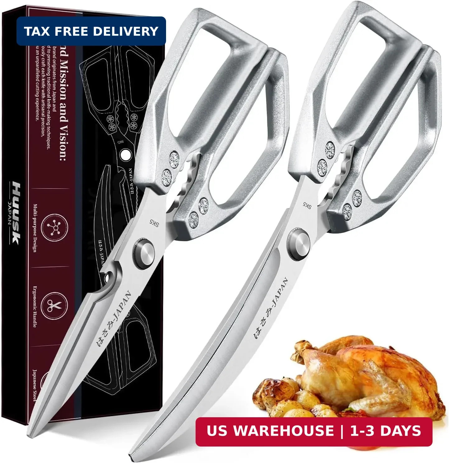HUUSK Kitchen Scissors Set Silver - Stainless Steel Kitchen Shear, Sharp Meat Sc