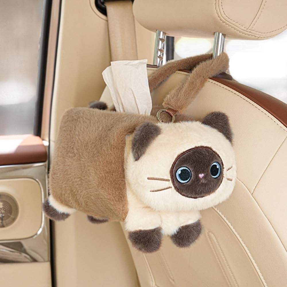 Cute Kitten Plush Car Tissue Holder Headrest Hook Adorable Vehicle Decor