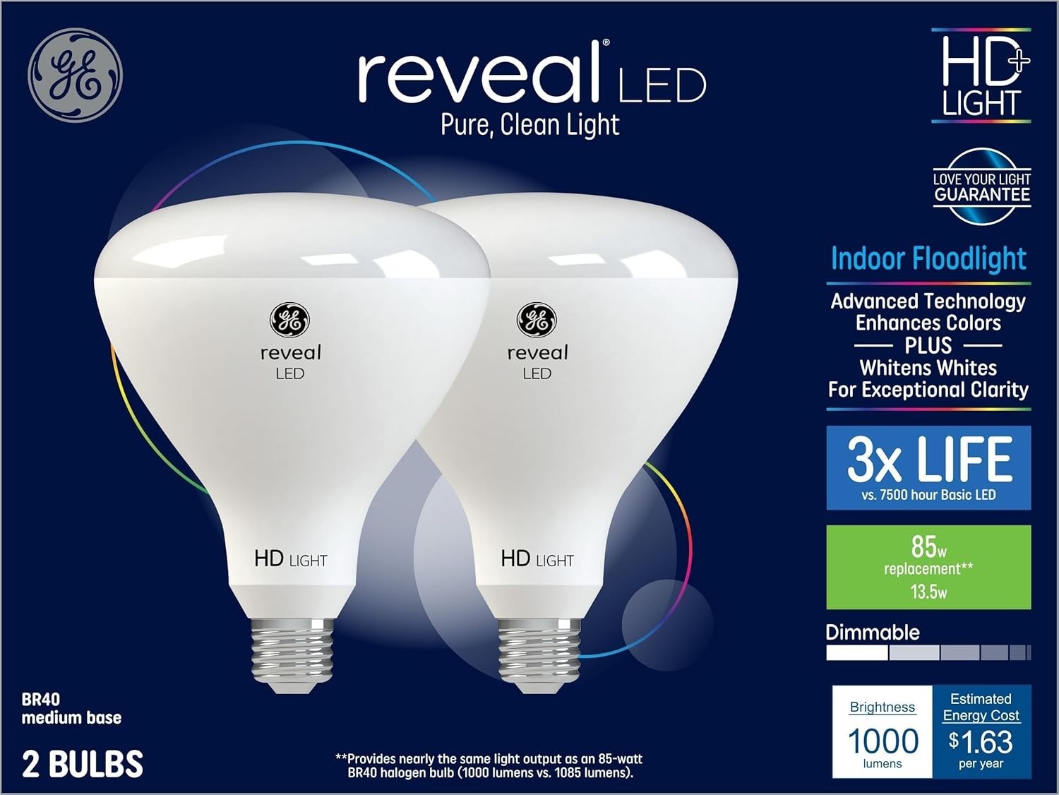 GE Reveal SET OF 2 85 W Equivalent Dimmable Color-Enhancing Br40 LED Light Bulbs
