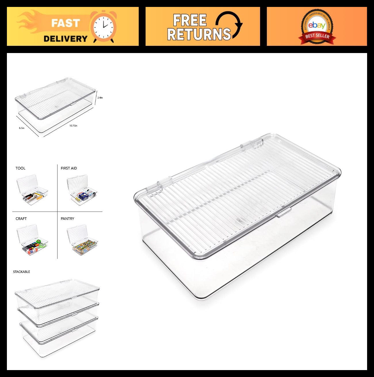 Stackable Clear Organizer Bin with Hinged Lid - 10.75"x6.5"x2.4" Storage Box for