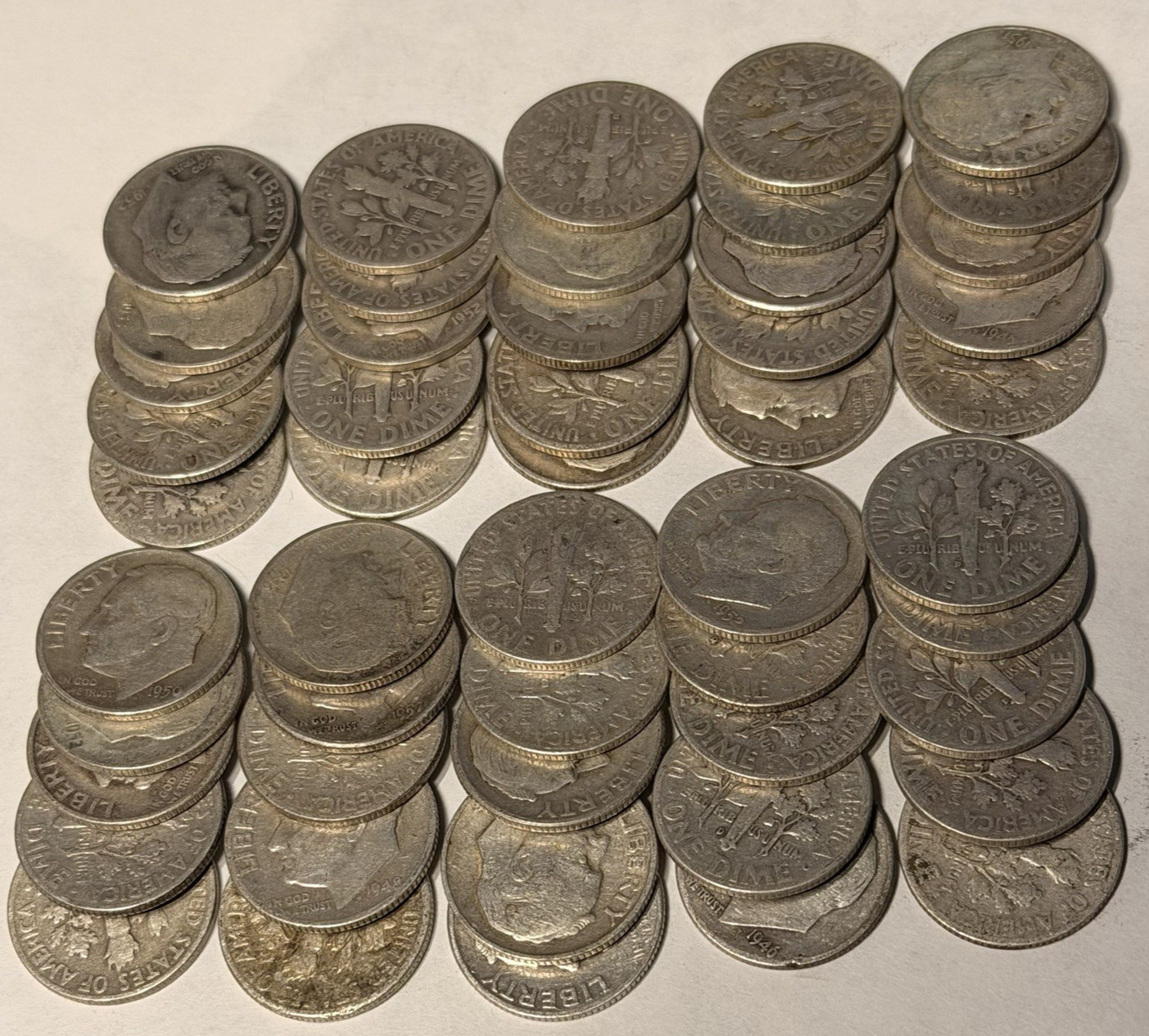 Roll Of Fifty (50) Mixed Date and Mint 90% Silver Roosevelt Dime Coins $5 roll
