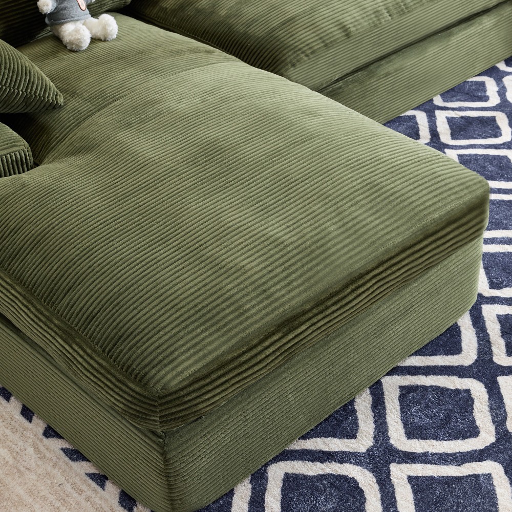 Green Corduroy Sofa w/ Back Cushions & Throw Pillows, Medium-Soft Foam Seat