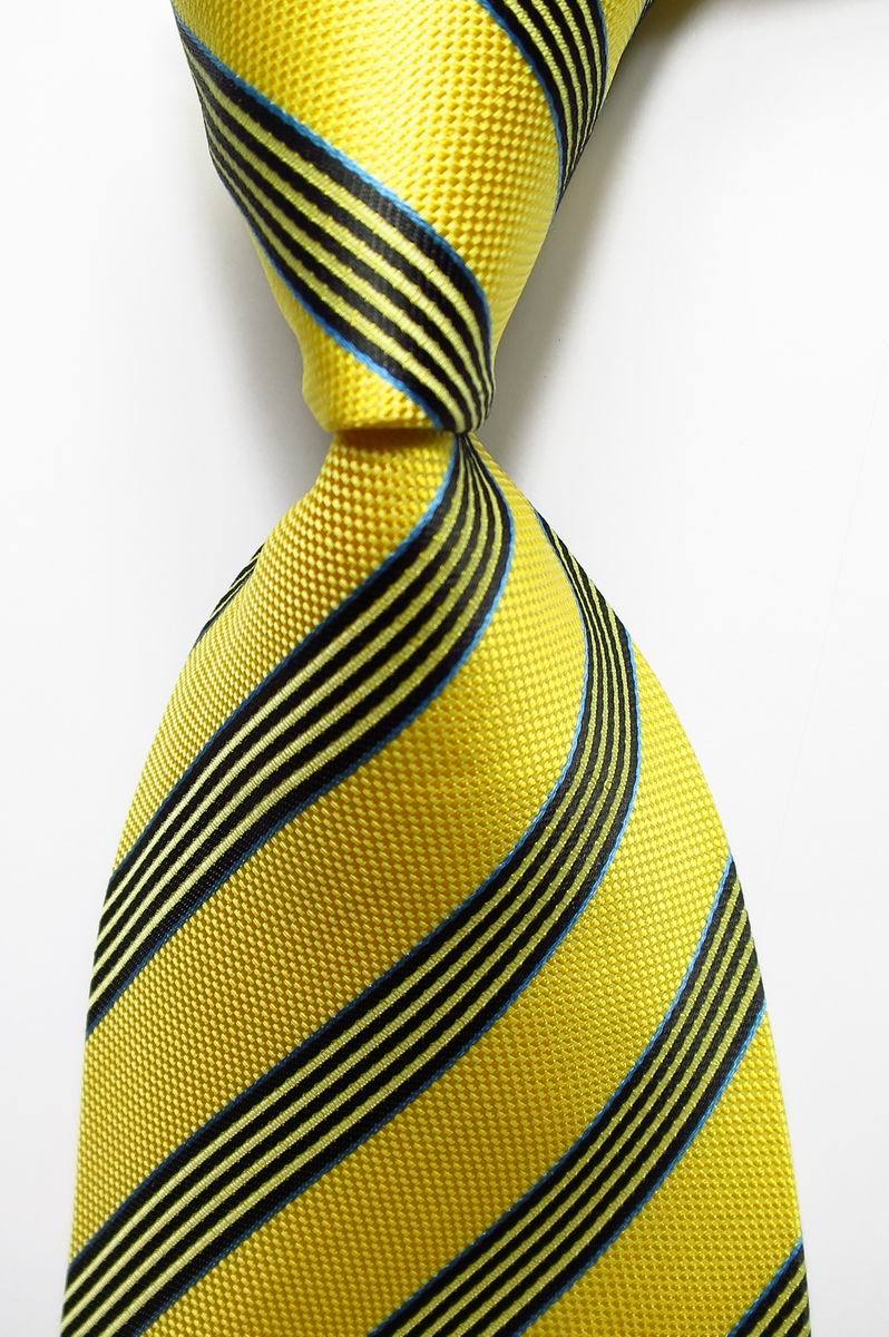 New Classic Striped Yellow Blue Black JACQUARD WOVEN 100% Silk Men's Tie Necktie