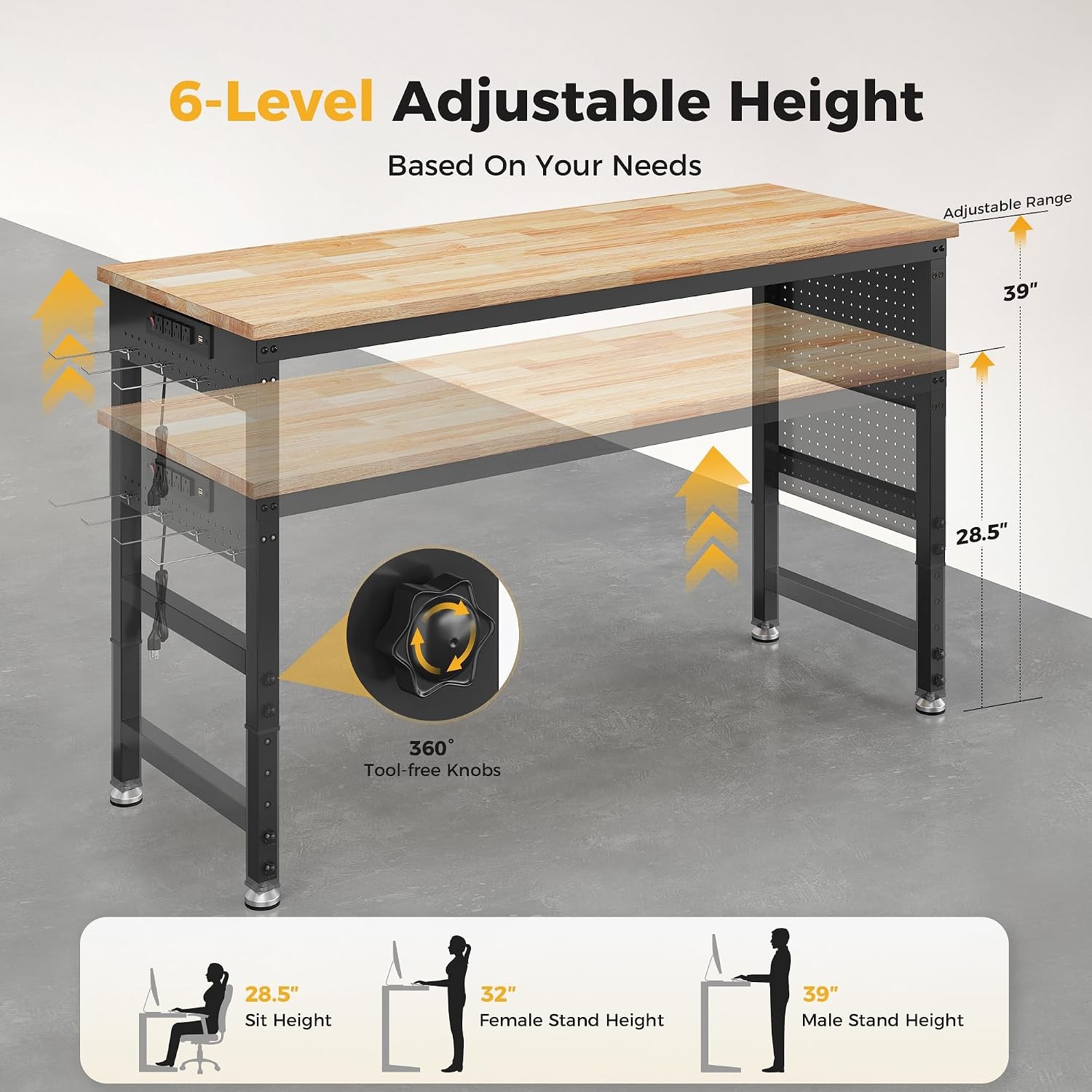 60" Adjustable Heavy Duty Workbench, 2000 LBS Load Capacity Rubber Wood