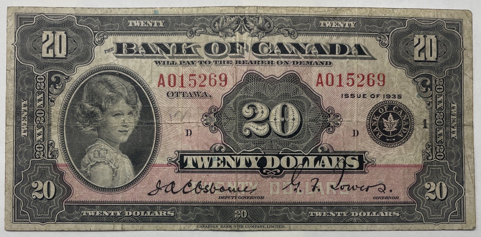 1935 Bank Of Canada Large Seal English $20, BC-9a. F-15 Condition. Pencil. B-360