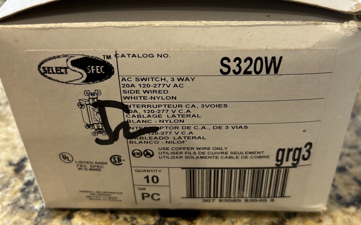 Hubbell Select Spec S320W 3-WAY AC Switch BOX OF TEN-10pcs. NEW