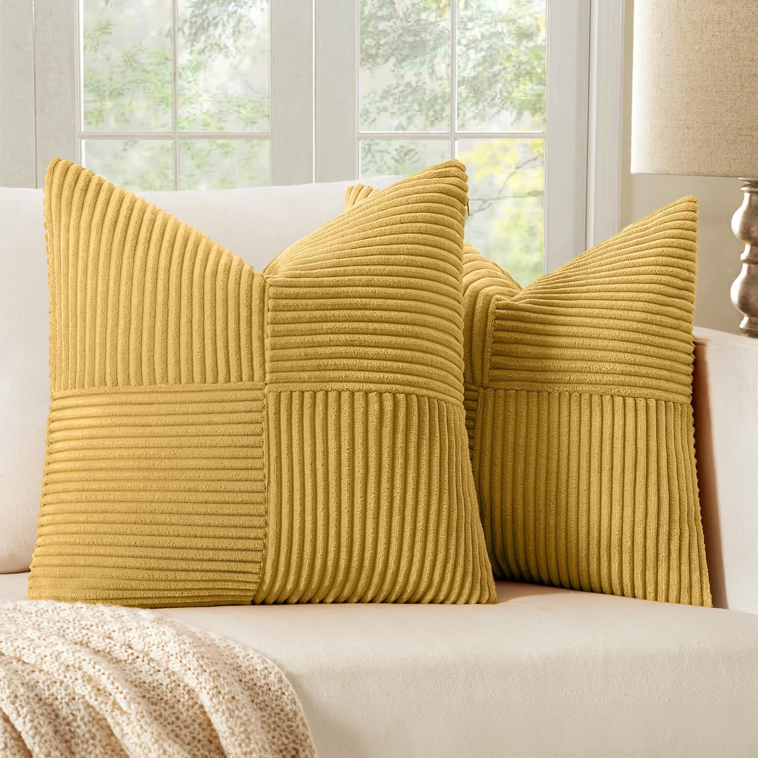 Golden Mustard Corduroy Pillow Covers Pack of 2 Boho Decorative Spliced Throw Pi