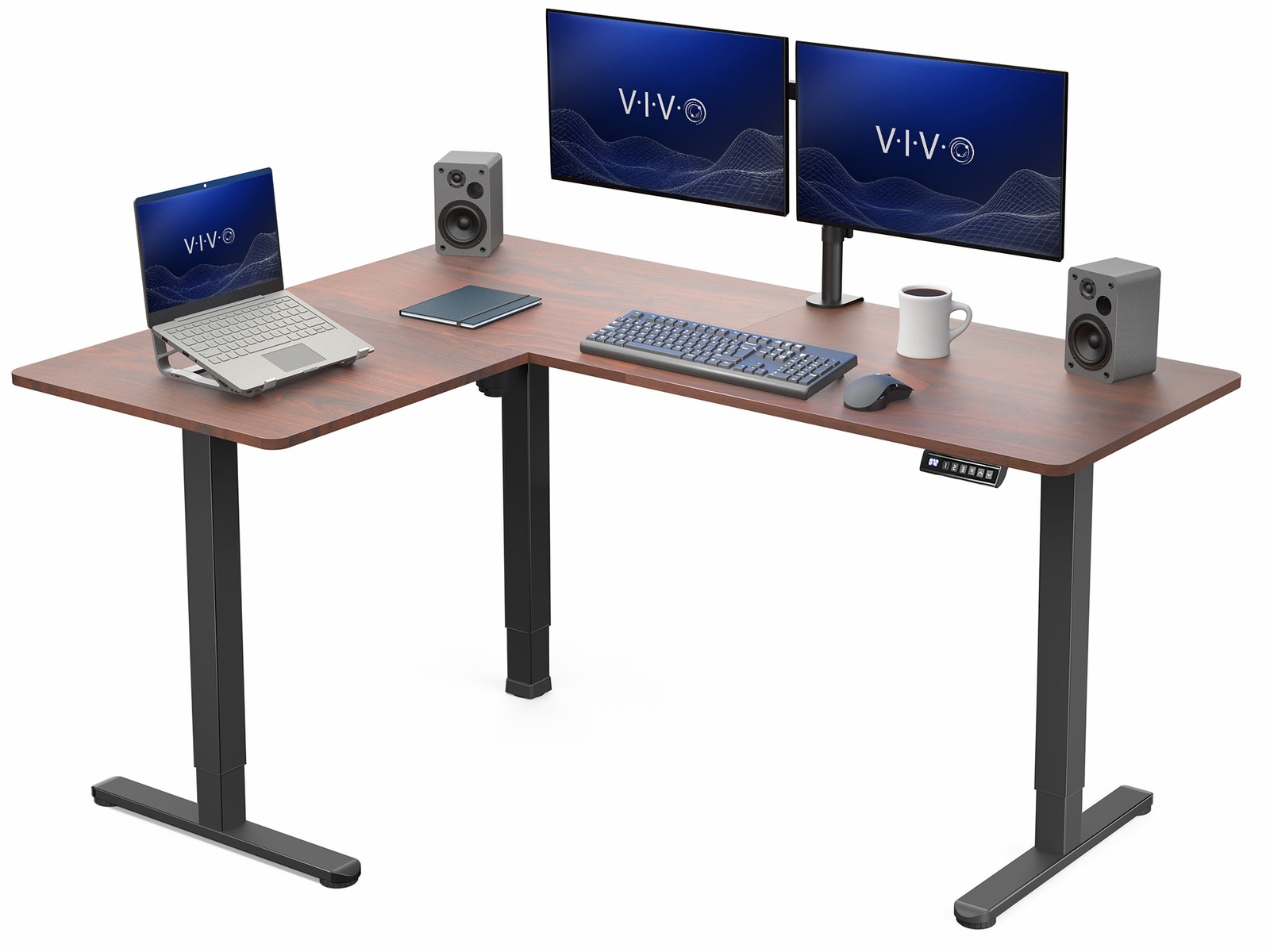 VIVO Dark Walnut / Black Electric 63" x 47" Corner Standing Desk