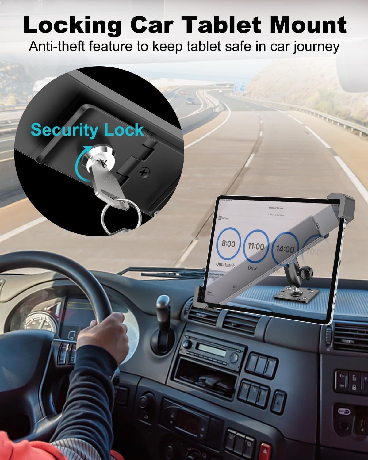 Security Car Tablet Mount, Industrial Heavy Duty Tablet Holder with Lock & Key,