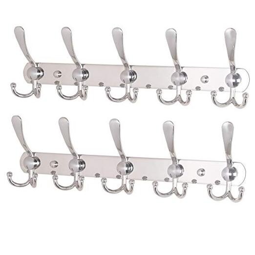 Wall Mounted Coat Rack - 5 Tri Hooks, Heavy Duty, 2 Pack Chrome Finish