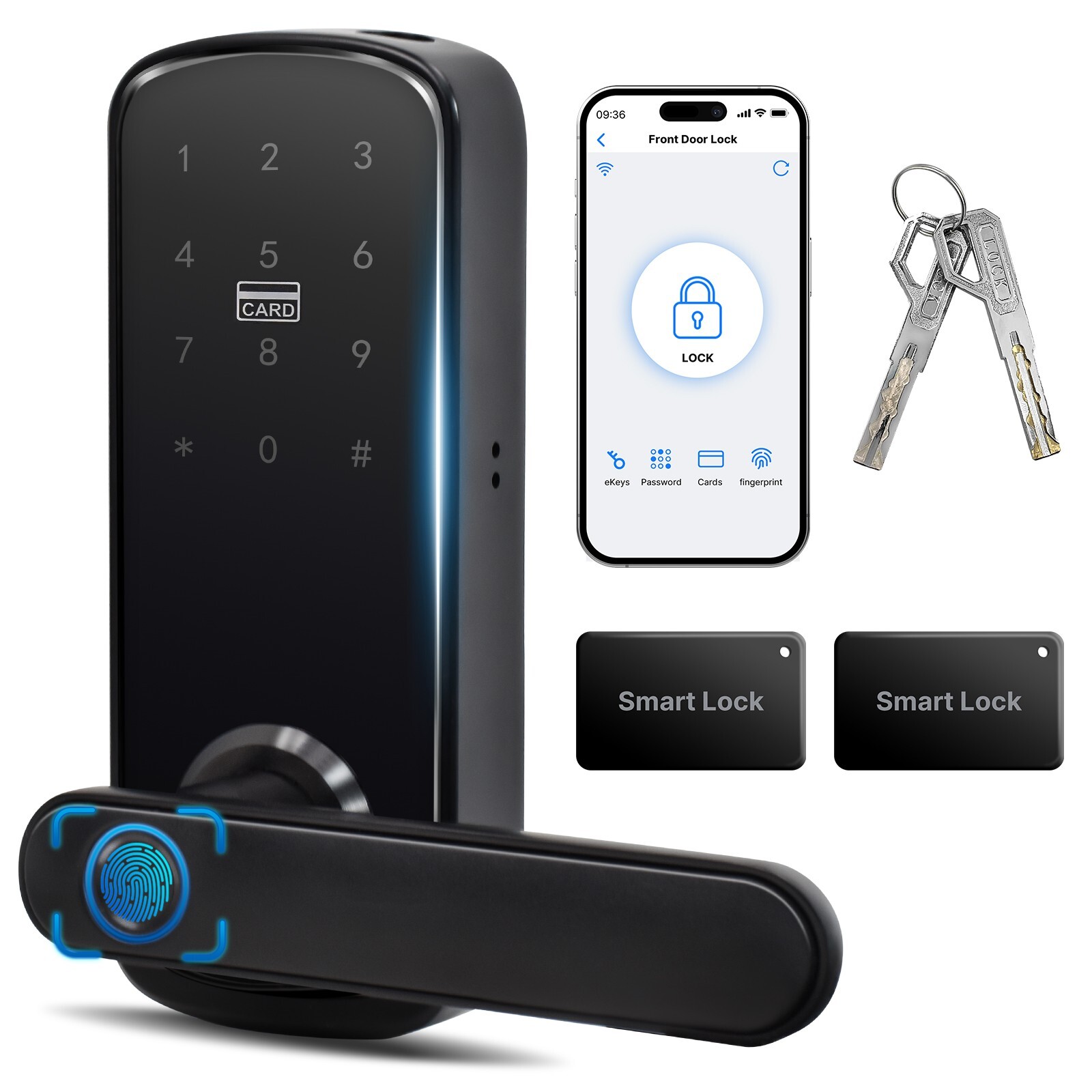 5-in-1 WiFi Smart Door Lock Fingerprint+IC+Code Passcode+Keys+APP Control Unlock
