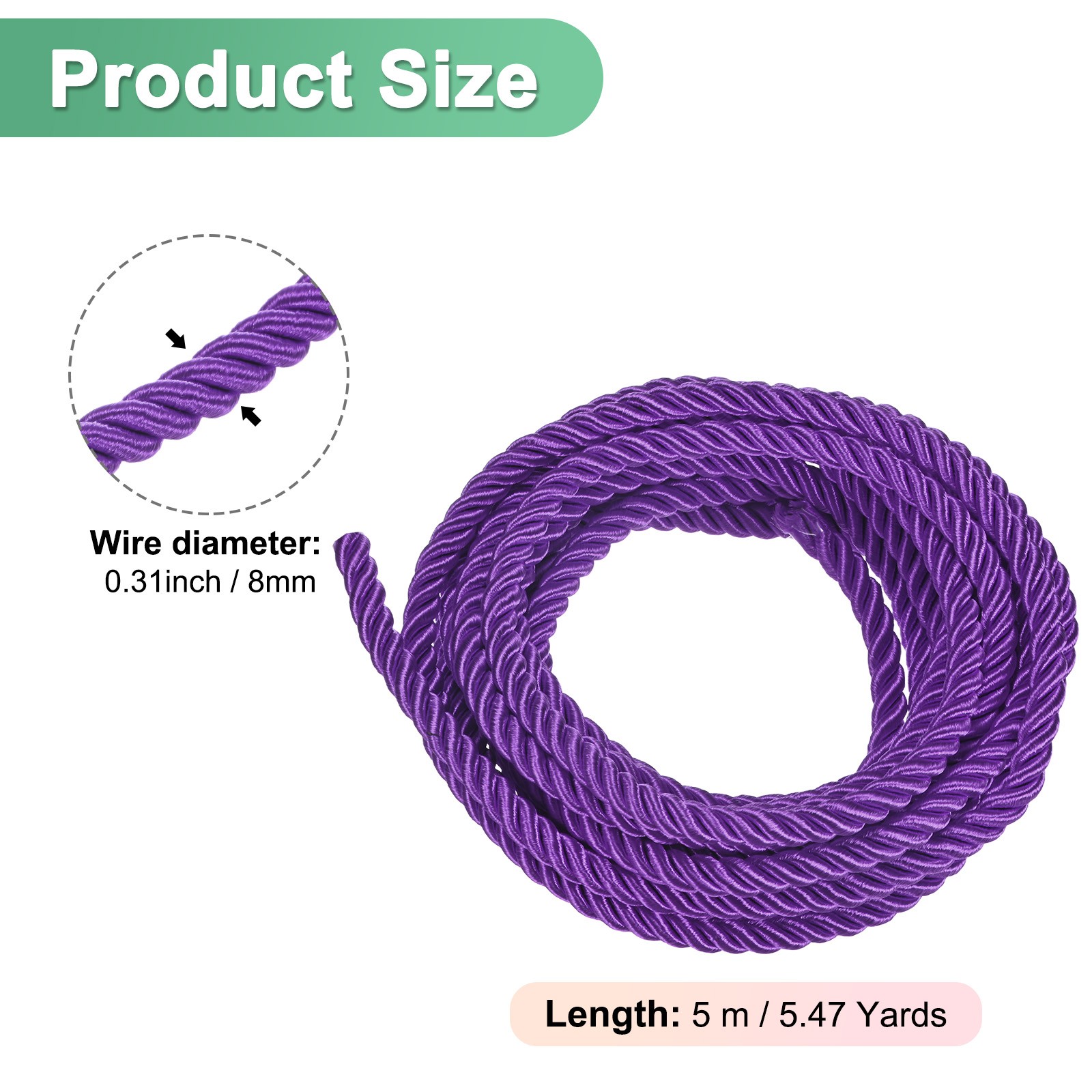 5 Yards Soft Twisted Rope Trim, 8mm Dark Purple Polyester Cord for DIY Craft