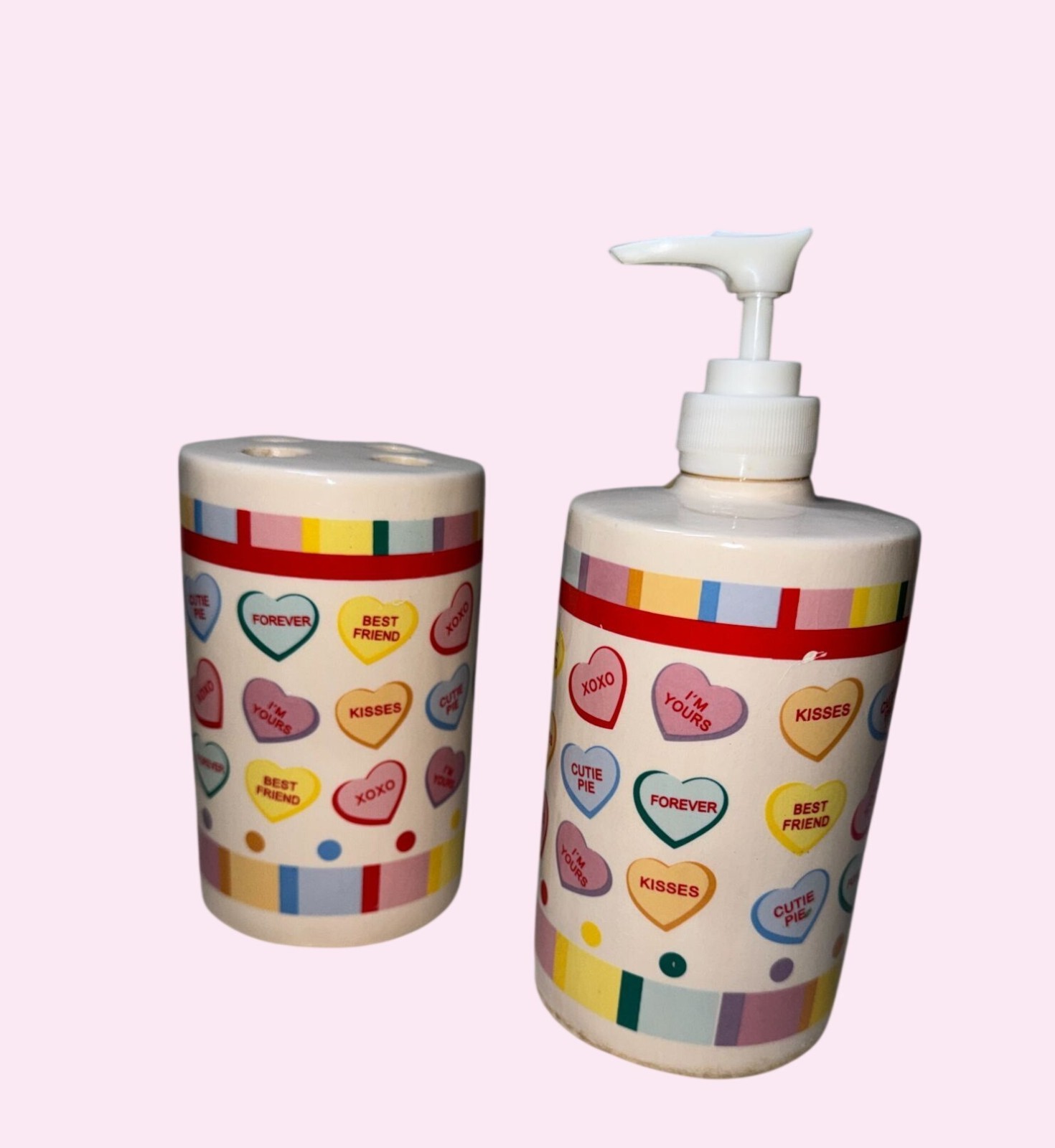 Vintage Valentine Sweetheart Ceramic Soap Dispenser Toothbrush Holder bathroom