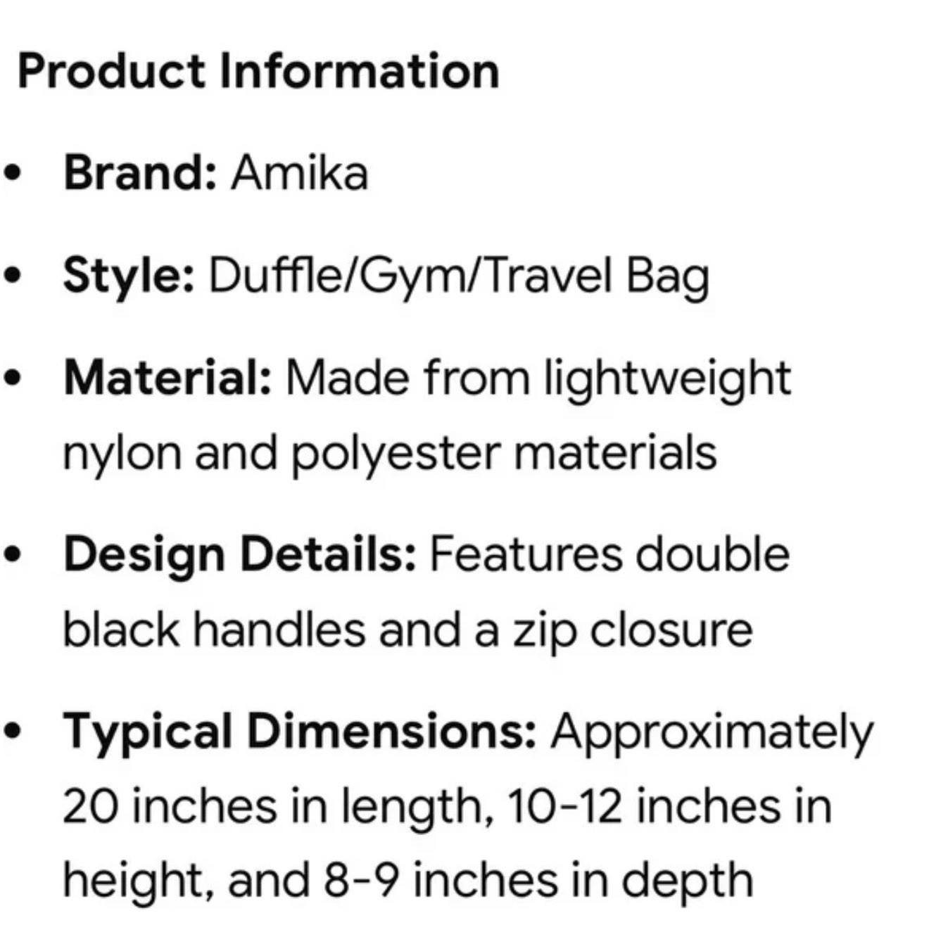 Amika Multicolor 20" Duffle Bag Nylon Polyester Double Handles Zip Closure