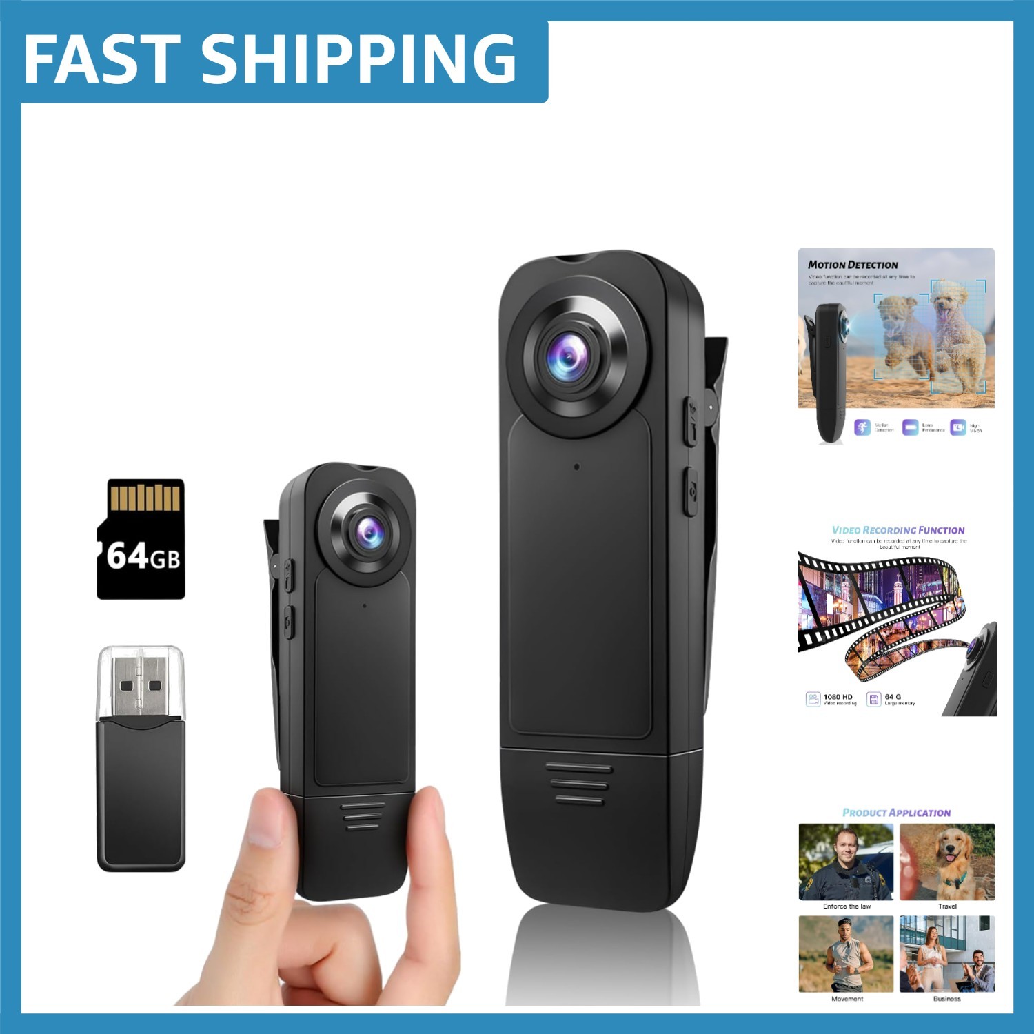 Compact Wearable Camcorder with 1080P Video & 64GB Card - Ideal for Travel