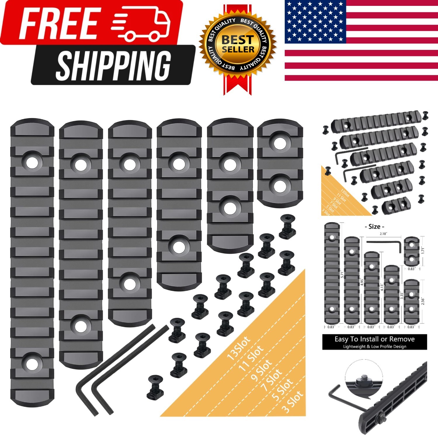 6 Pack Lock Picatinny Rail 3/5/7/9/11/13 Slot Set M-Lok Picatinny Rail