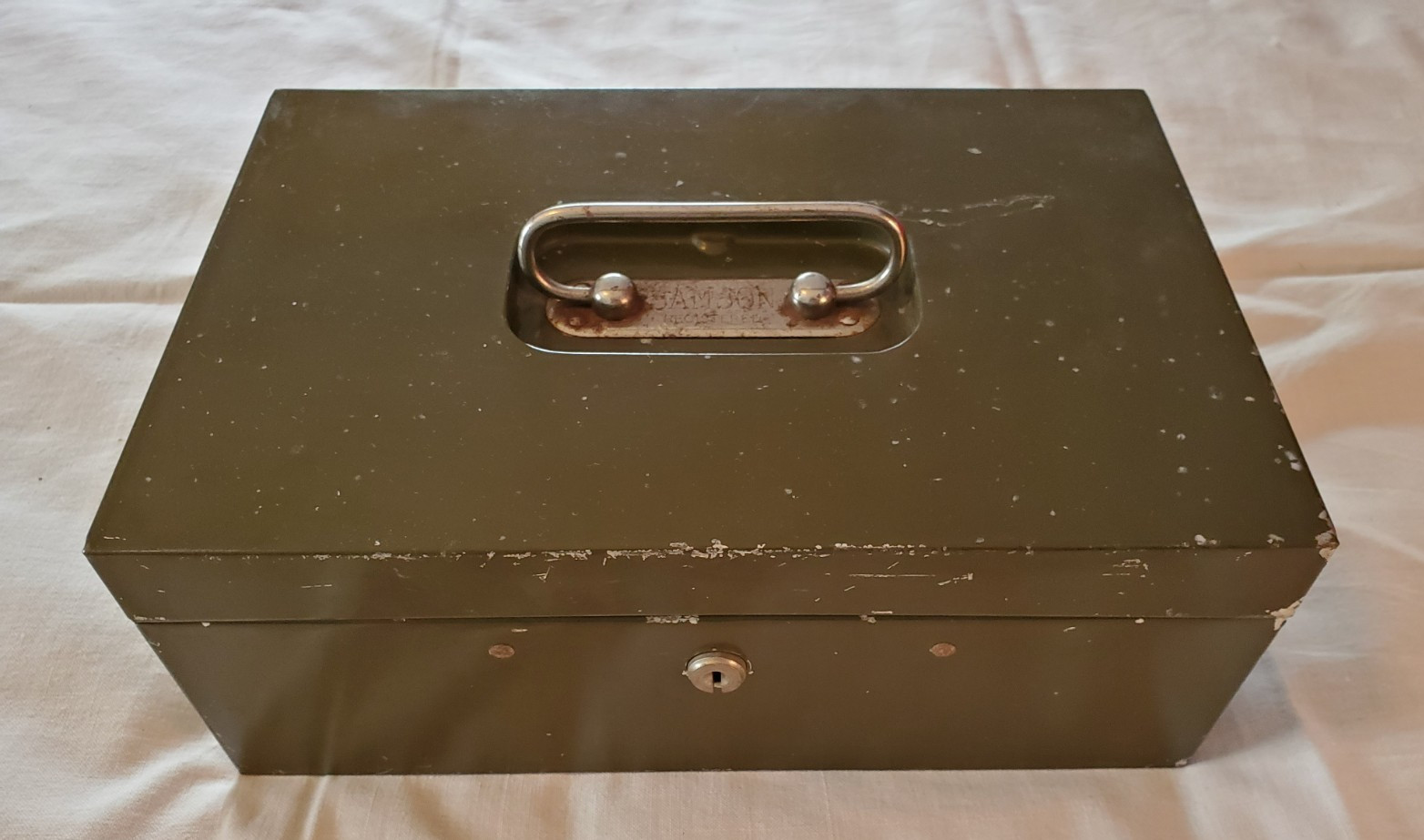 Vintage SAMSON ARMY GREEN METAL LOCK BOX CASH BOX  10.5 x 7 x 4.5"-- NO KEYS