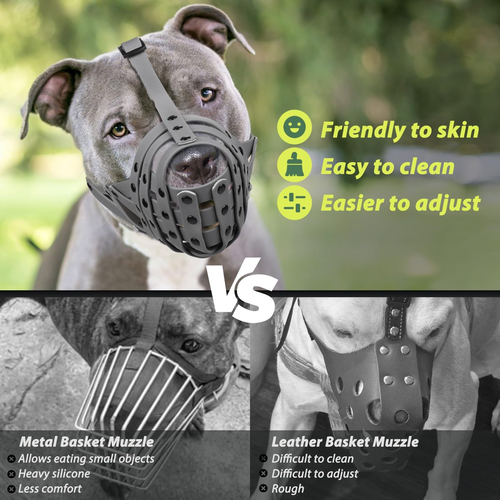 Mayerzon Pitbull Muzzle, Lightweight Basket M [Snout Cir: 9.75"-11"], Grey