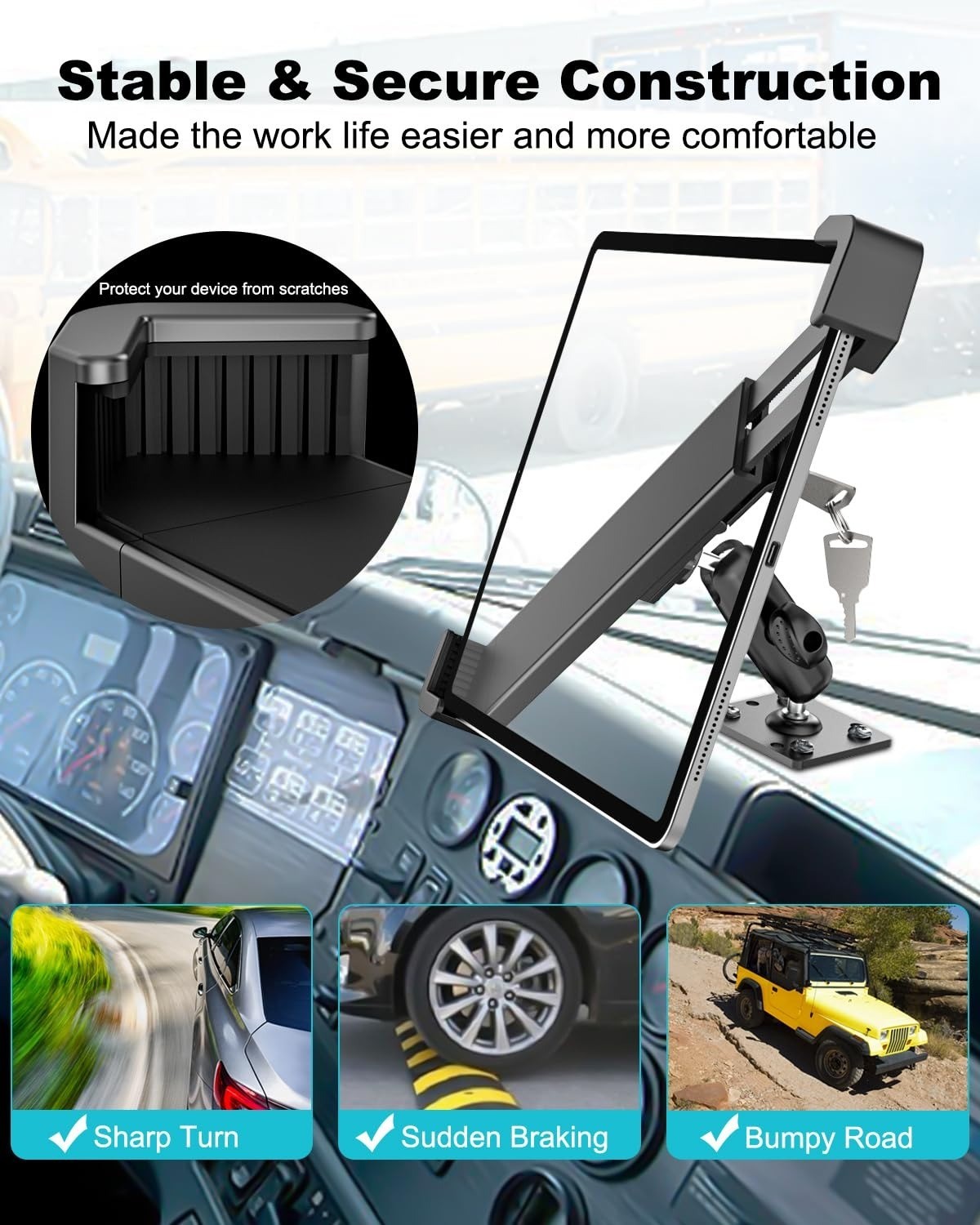 Security Car Tablet Mount, Industrial Heavy Duty Tablet Holder with Lock & Key,