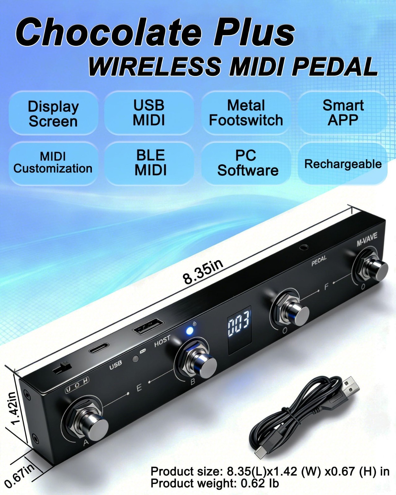 Wireless MIDI Foot Controller - Bluetooth Footswitch with 4 Buttons, Rechargeabl